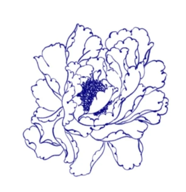 Line drawing of a peony flower with ruffled petals and a detailed center, in blue on a white background.