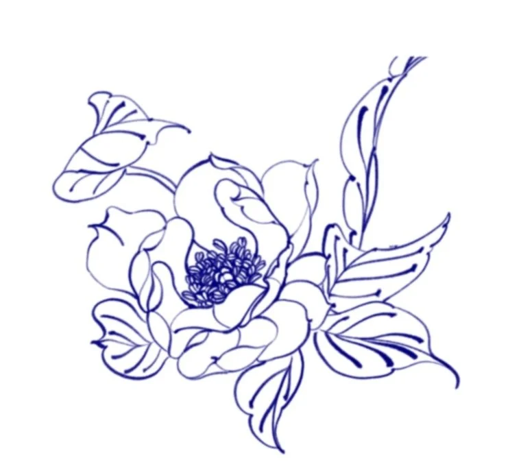 Line drawing of a blooming peony with leaves in purple ink.