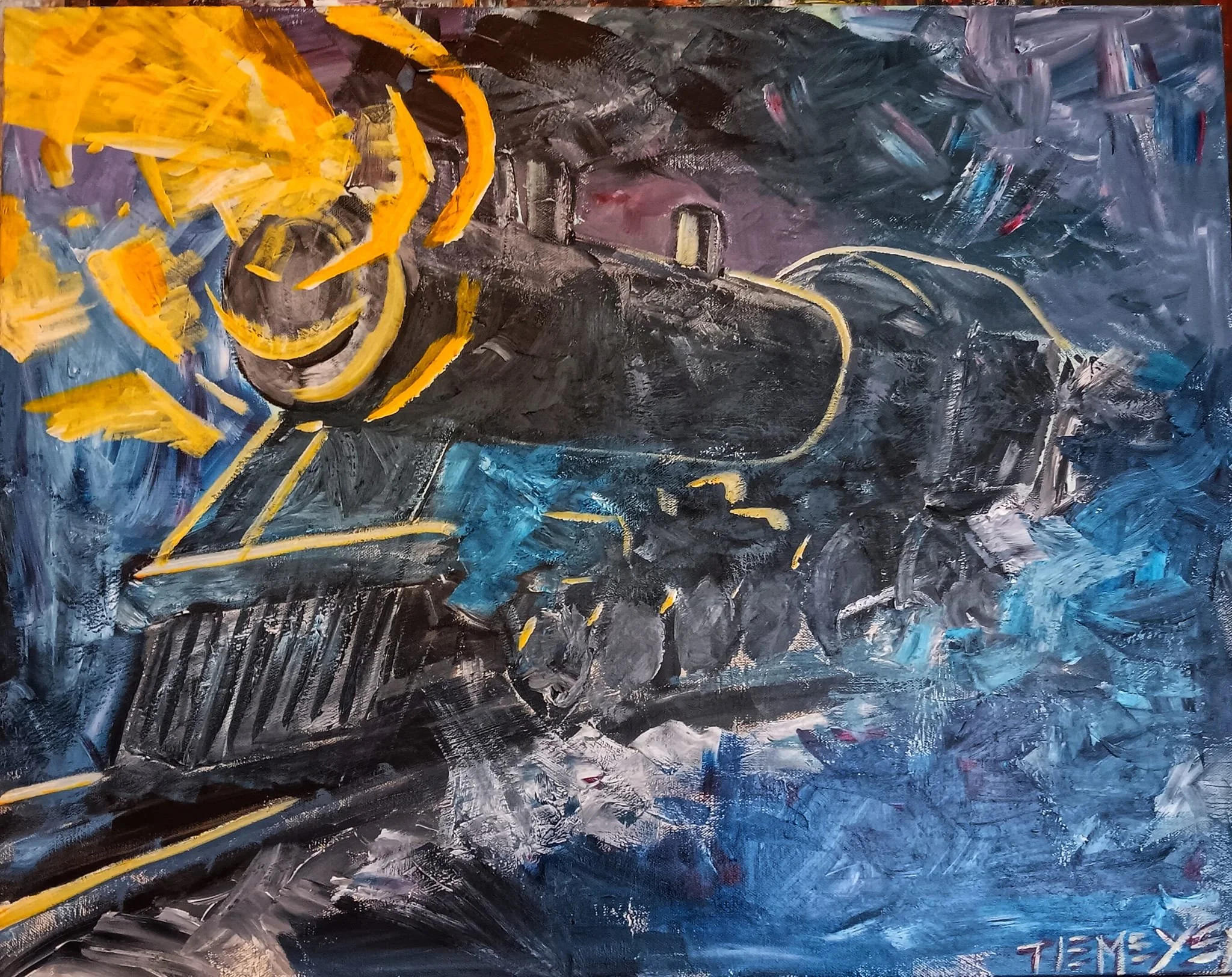An abstract painting of a train engine in motion, with strokes of yellow, orange, blue, purple, and black, creating a dynamic and energetic scene.