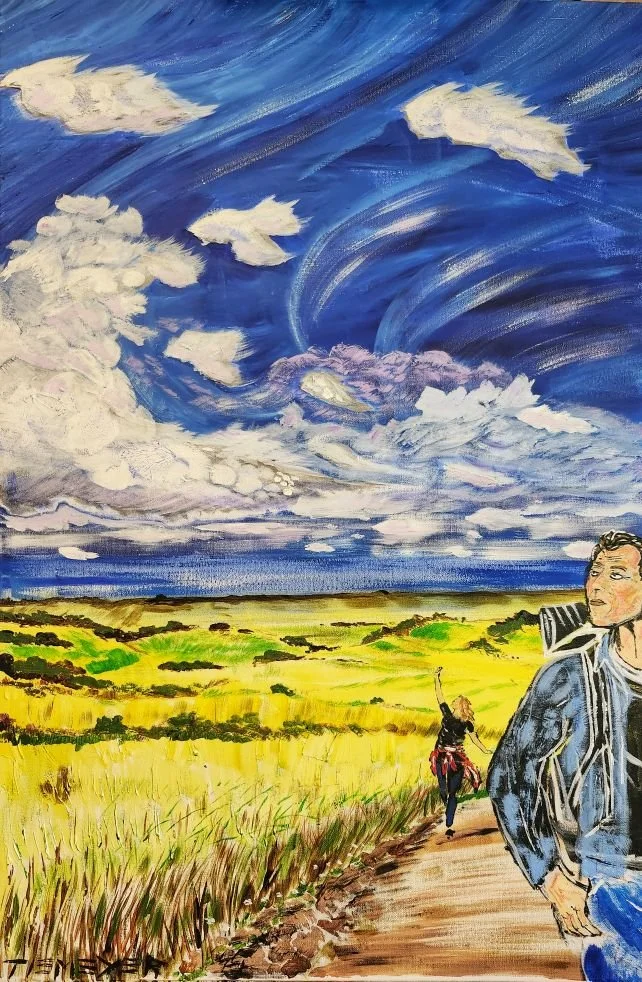 A bright landscape painting depicting a cloudy sky with swirling clouds and sweeping clouds over green fields, with two people walking on a dirt path, one in the foreground and one farther back, both enjoying the outdoor scenery.