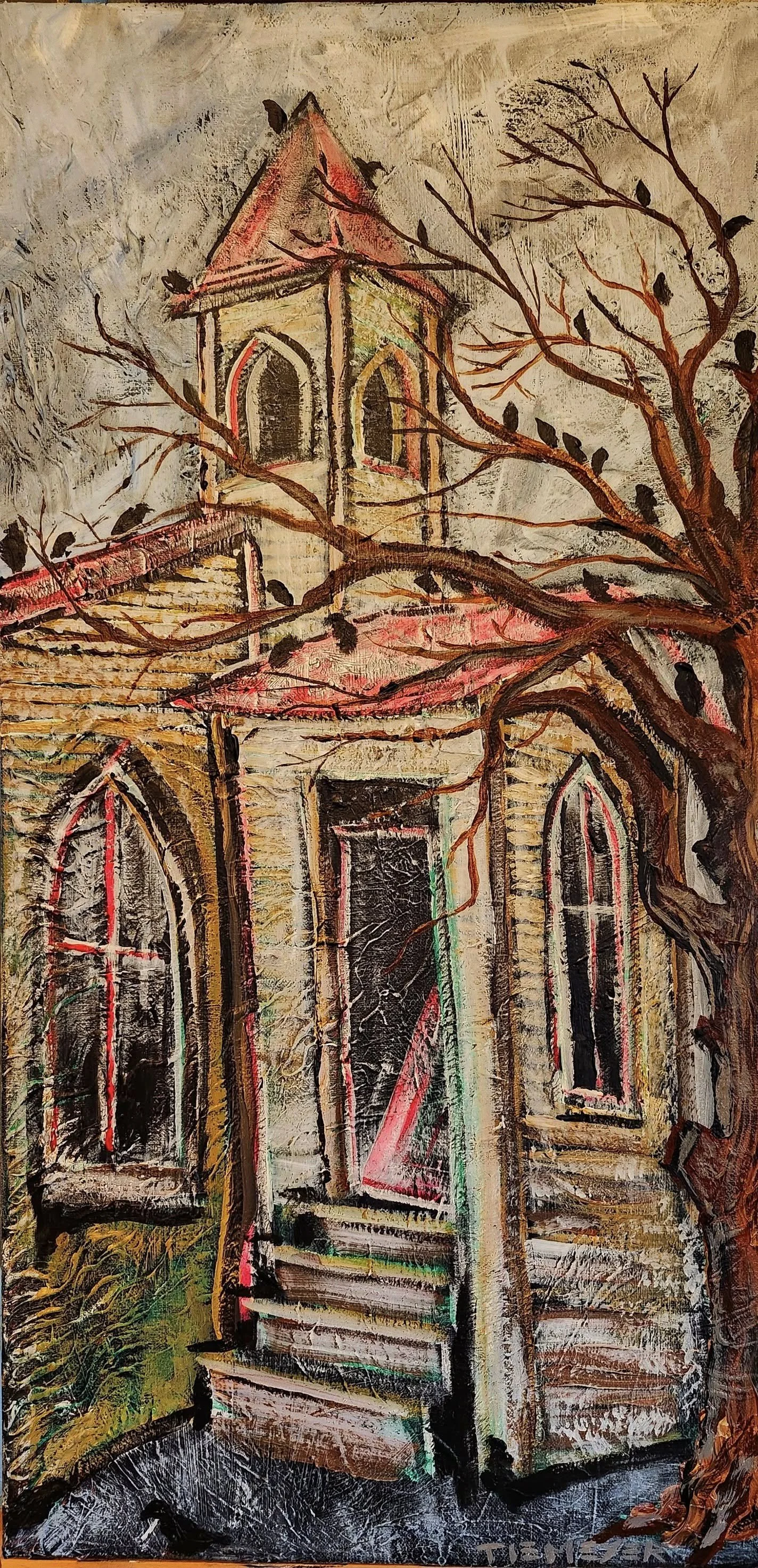 "a reading of Diderot" The once-proud belfry bequeathed to time, and the river crows that worship at the altar of shiny things. 15"x30" acrylic on canvas. 