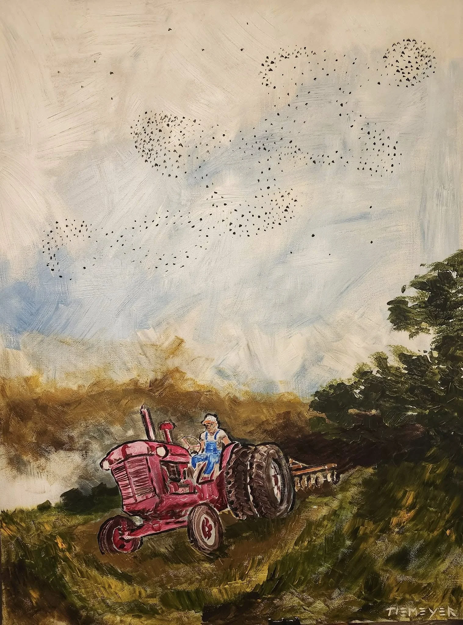 A painting of a farmer on a red tractor working in a field with a tree on the right and a sky above with numerous birds flying.