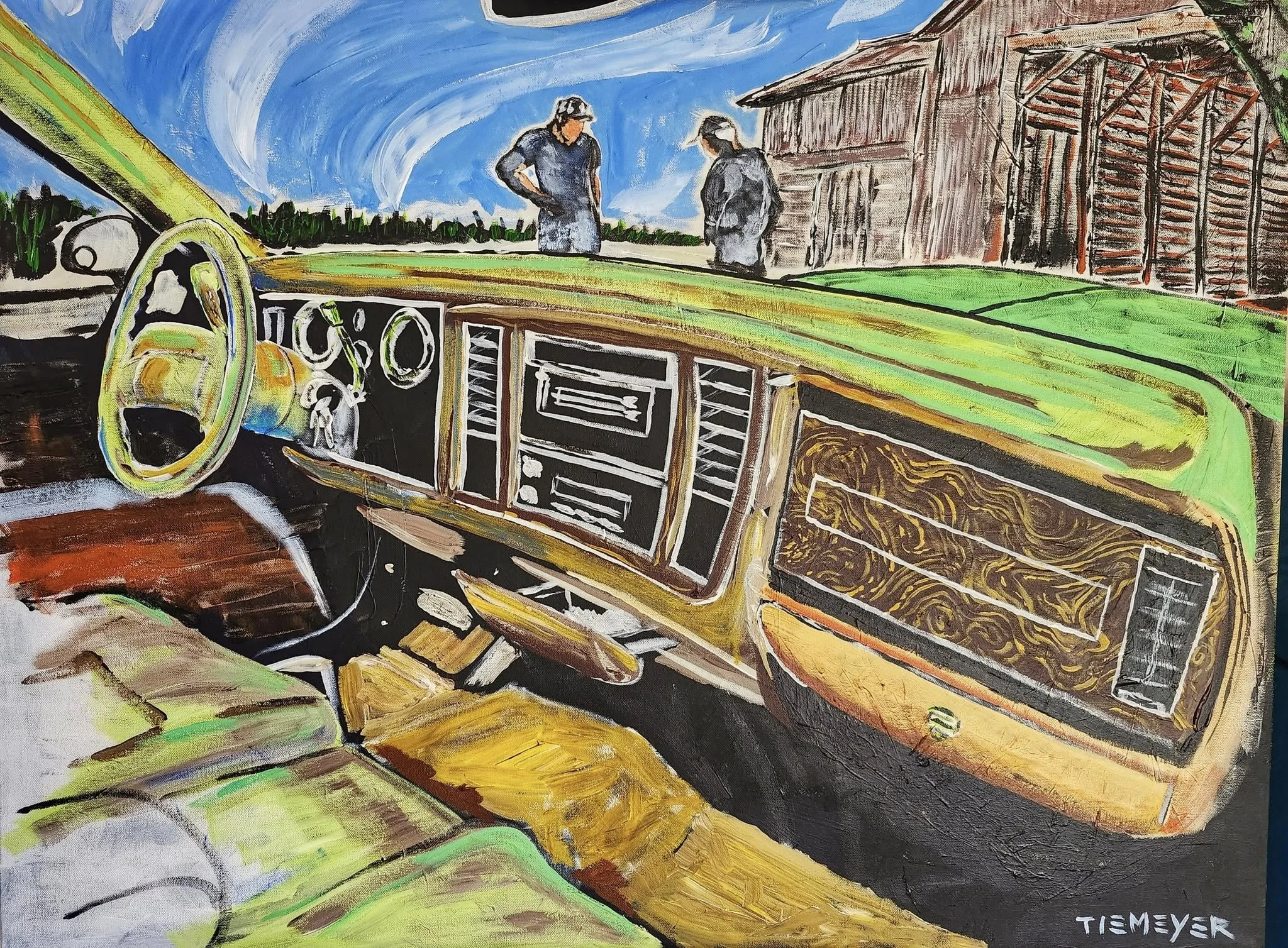 Painting of a view from inside a truck, focusing on the dashboard and steering wheel, with two people standing and talking outside near a wooden barn and a blue sky with clouds in the background.