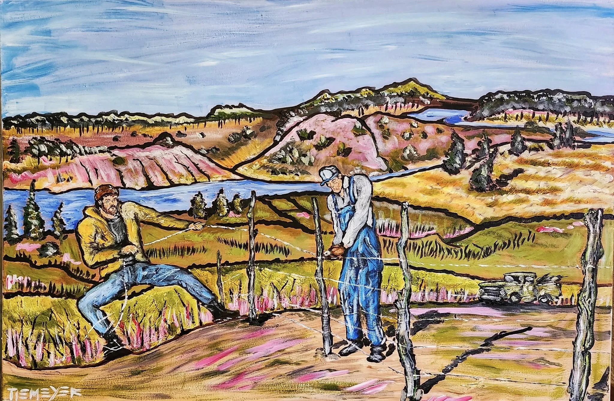 "luthiers”

Two men running barbedwire along a row of hedgeposts. They scowl accordingly, because it wasn't done right the first time. The point of view in this painting is from the kid that did it wrong, but that kid don't mind. They're out at the r