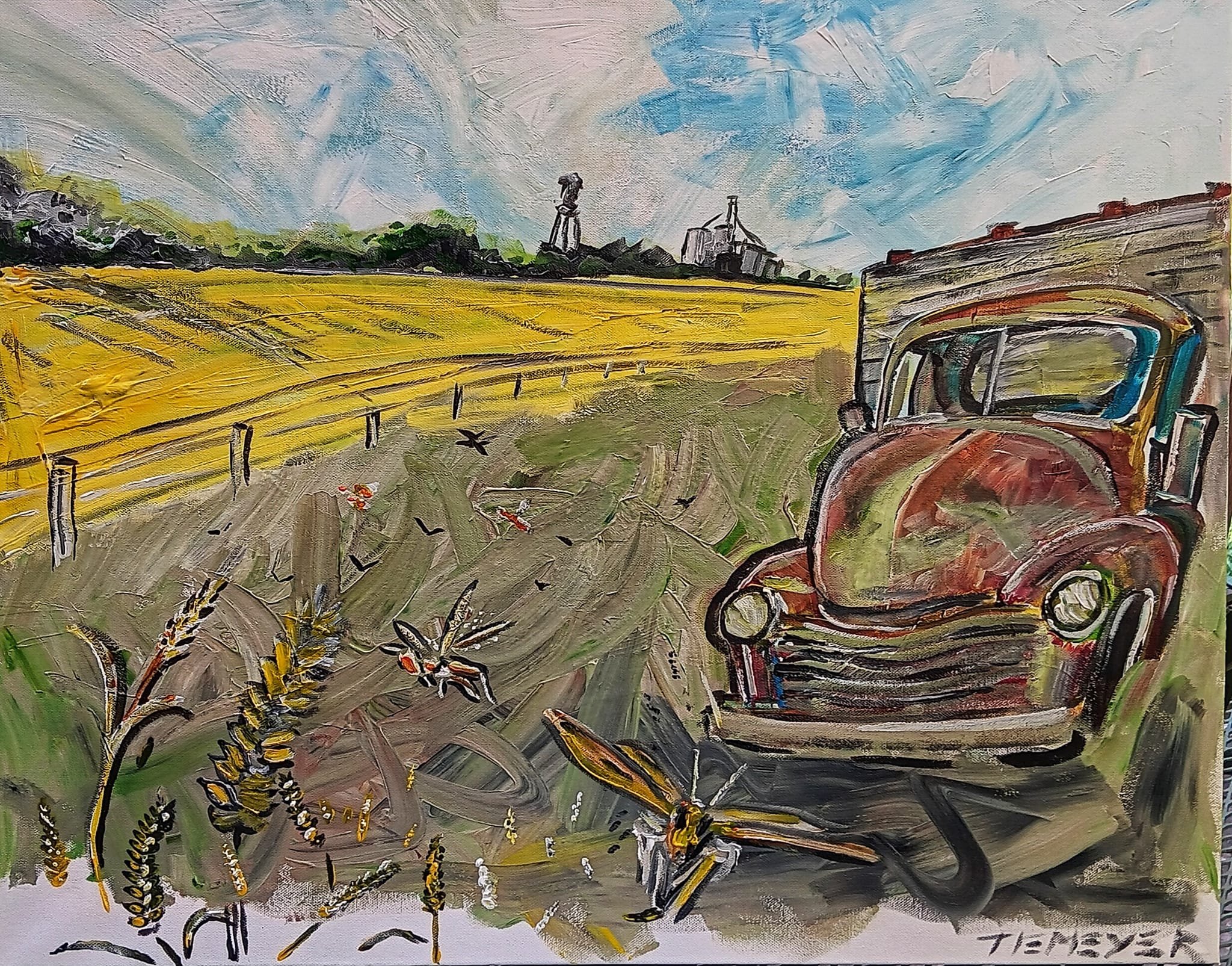 A colorful acrylic painting depicting a rural landscape with a vintage farm truck in the foreground, a dirt path, wheat fields, and wind turbines in the background under a partly cloudy sky.