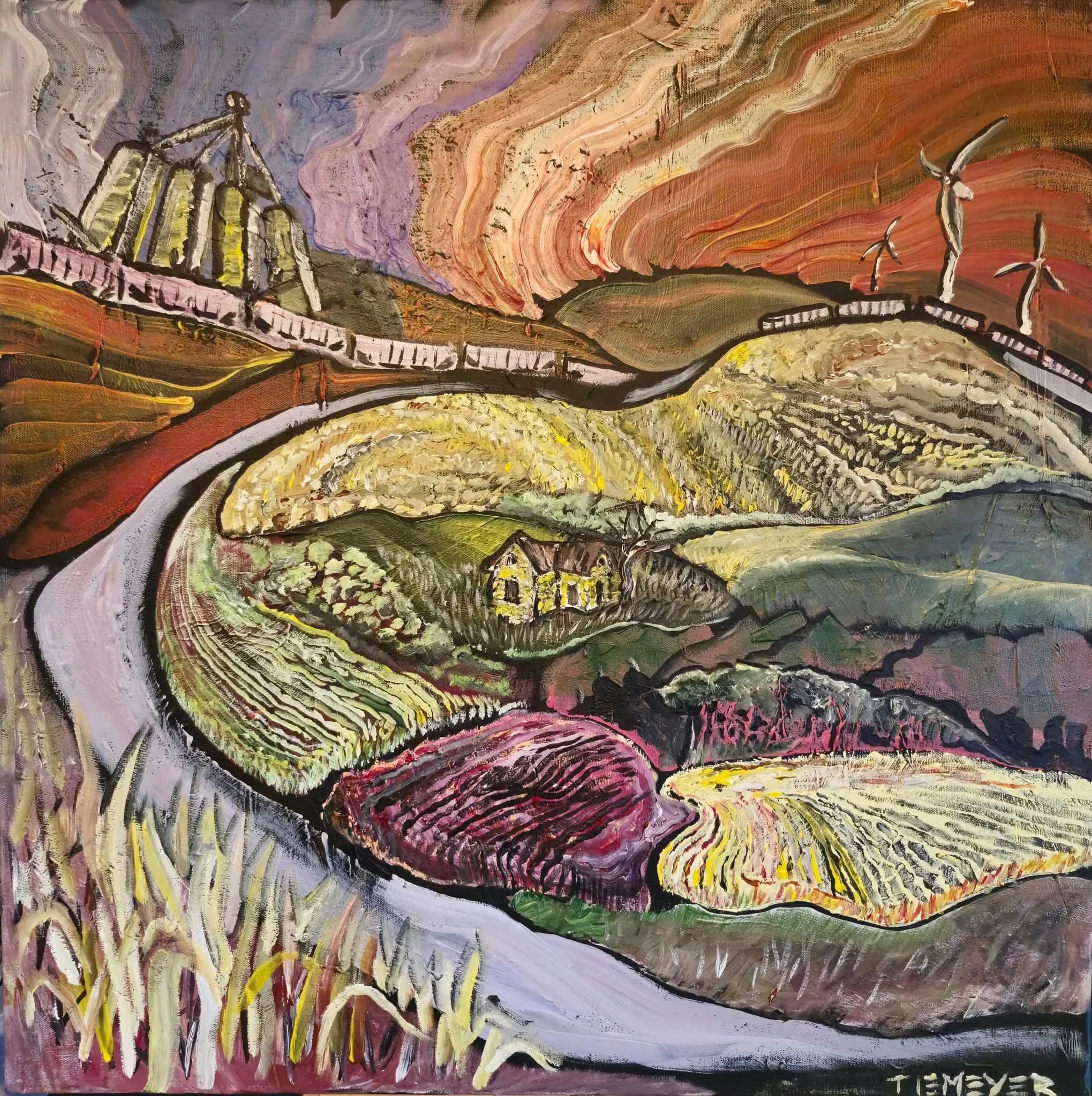 Colorful landscape painting of rolling hills, a winding road, wind turbines, and a house, with a sunset sky in vibrant hues.