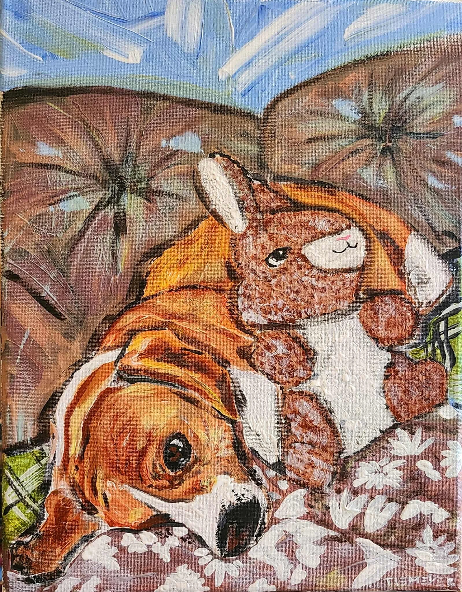 A painting of a puppy laying on a floral patterned blanket beside a stuffed bunny toy, with palm leaves and a blue sky in the background.