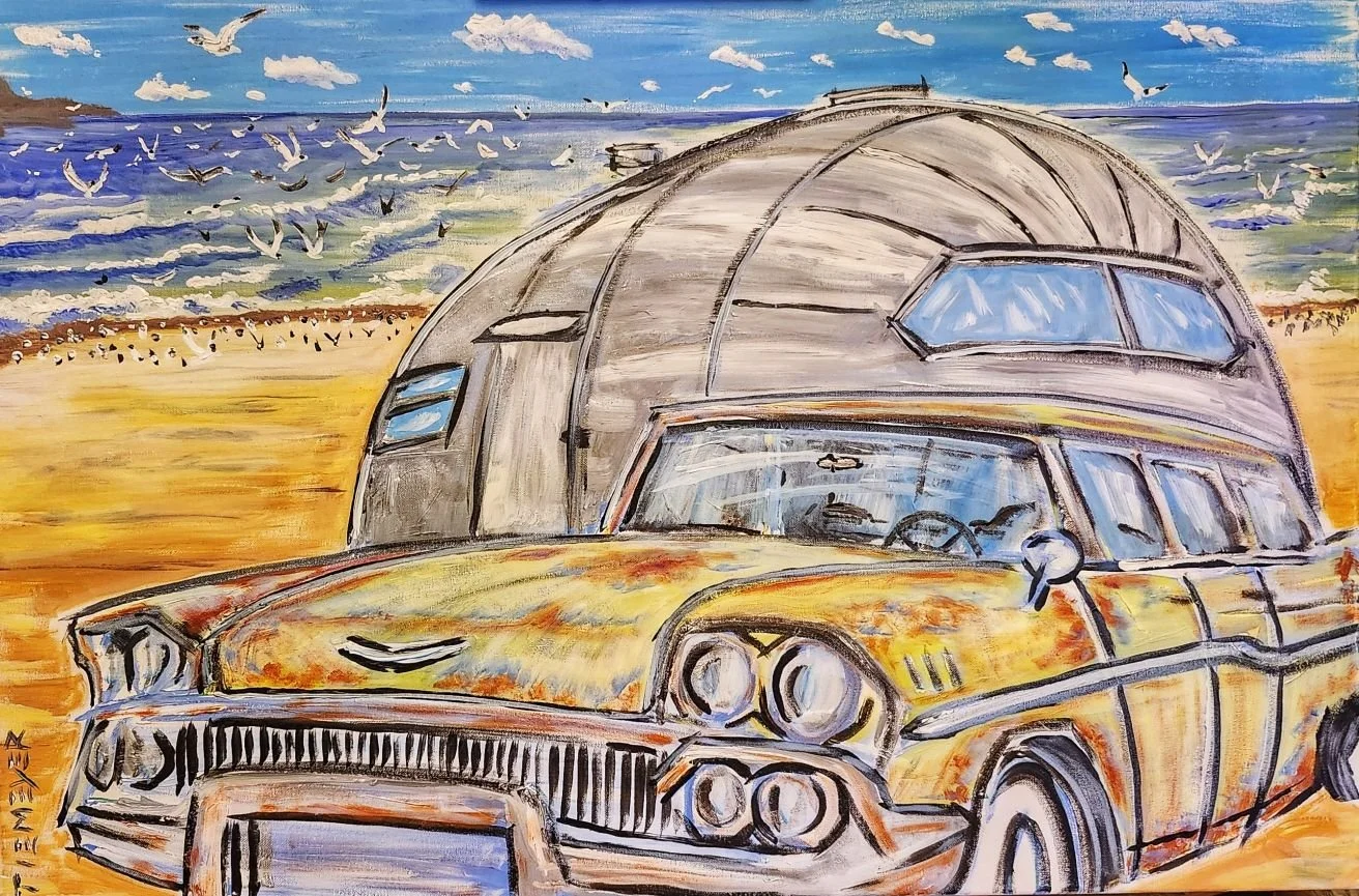 A painting of a vintage yellow car parked on a beach with an Airstream trailer in the background, and a flock of seagulls flying over the ocean.