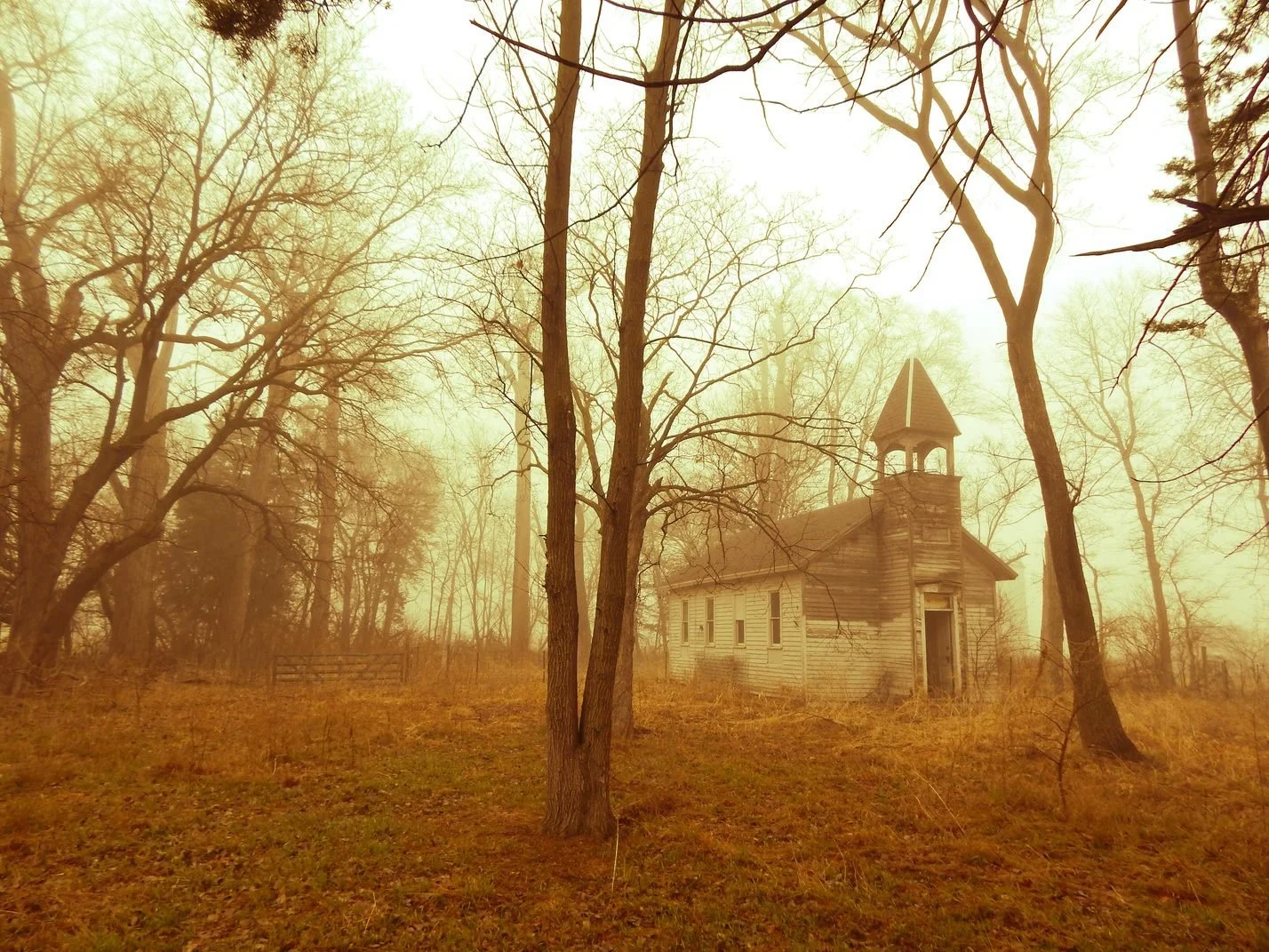 An old, abandoned wooden church with a steeple surrounded by leafless trees on a foggy day.