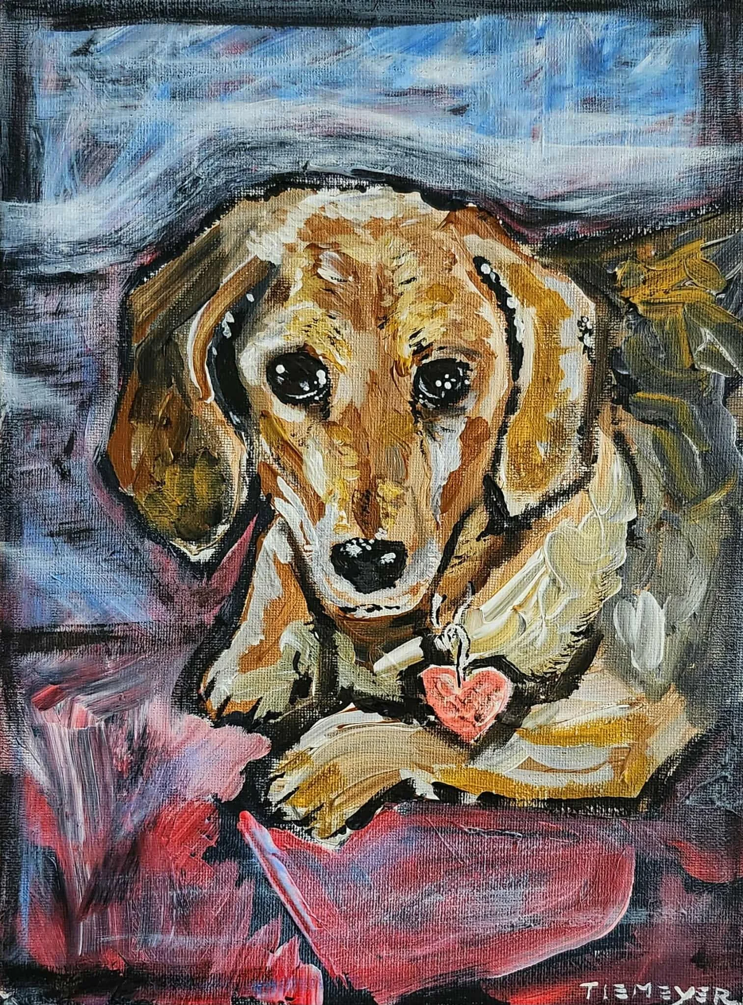 A painting of a dog with large, shiny eyes, lying down with its chin on its paws. The dog is wearing a collar with a heart-shaped tag. The background has abstract brushstrokes in various shades of blue, purple, and gray.