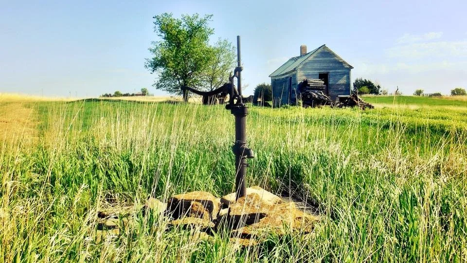 Old hand pump in overgrown field with an abandoned house and a tree in the background