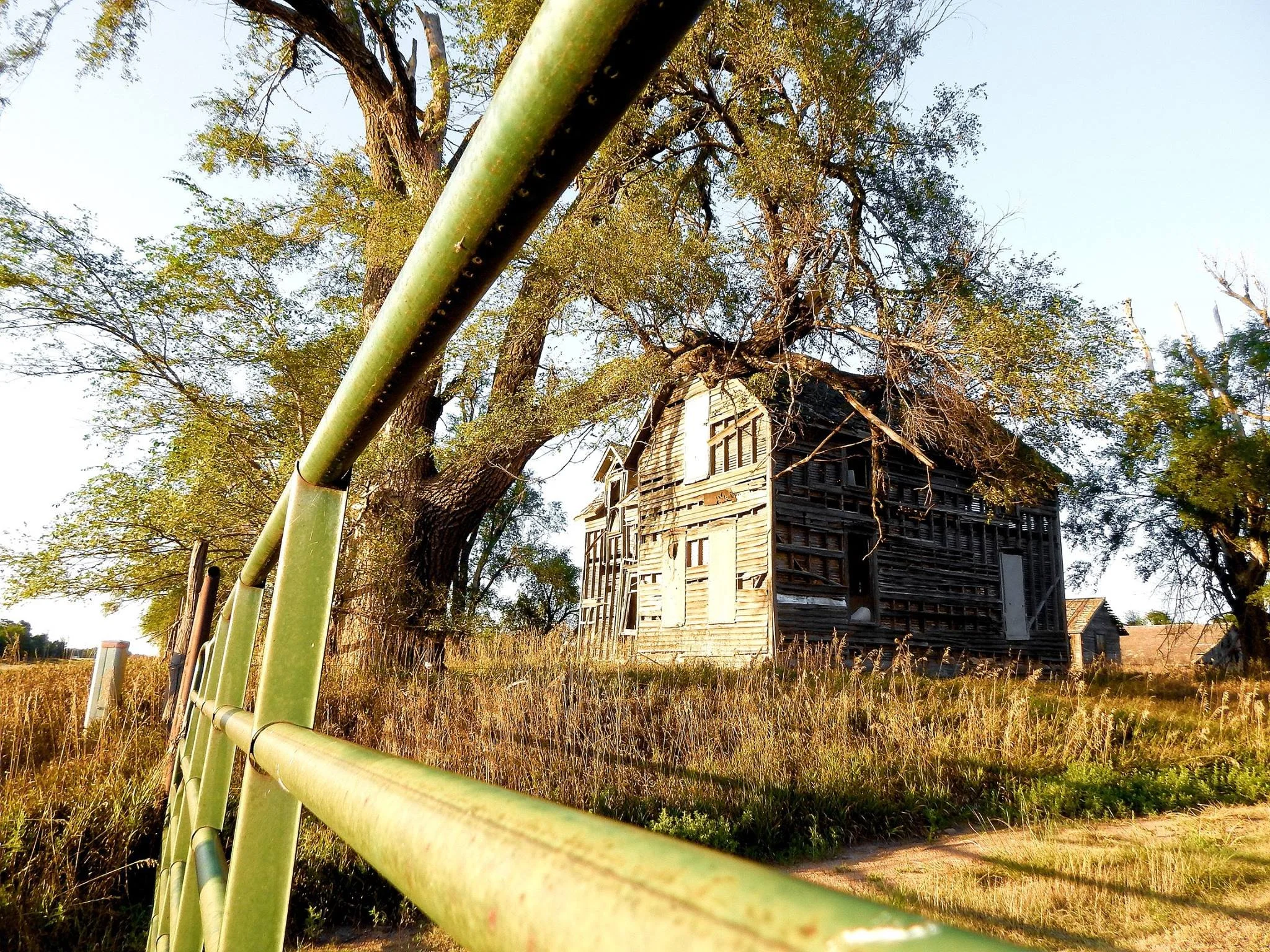 An abandoned, weathered wooden house with boarded-up windows, surrounded by tall grass and trees, viewed behind a green metal fence.
