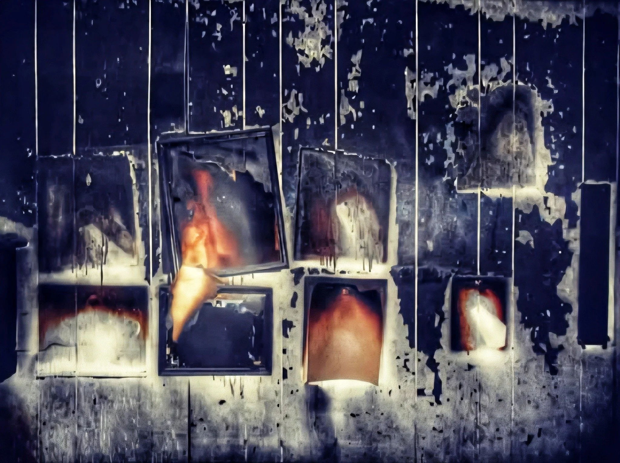 The interior wall of a firegutted house, scattered with the creosote bones of the family pictures.