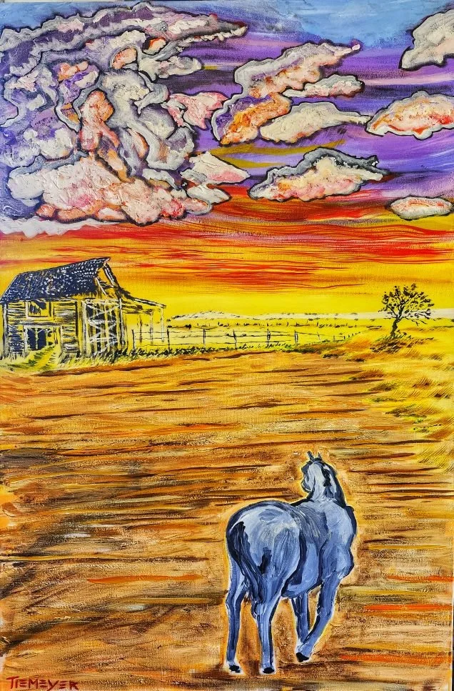 "promise of the cool"
24"x36"
acrylic on canvas

I painted up the horse's proportions to be built like a dump truck, like the one Bugs Bunny rode in the opera. Storm clouds billowing over the shimmer of a swelter. The horse and the clouds have their 