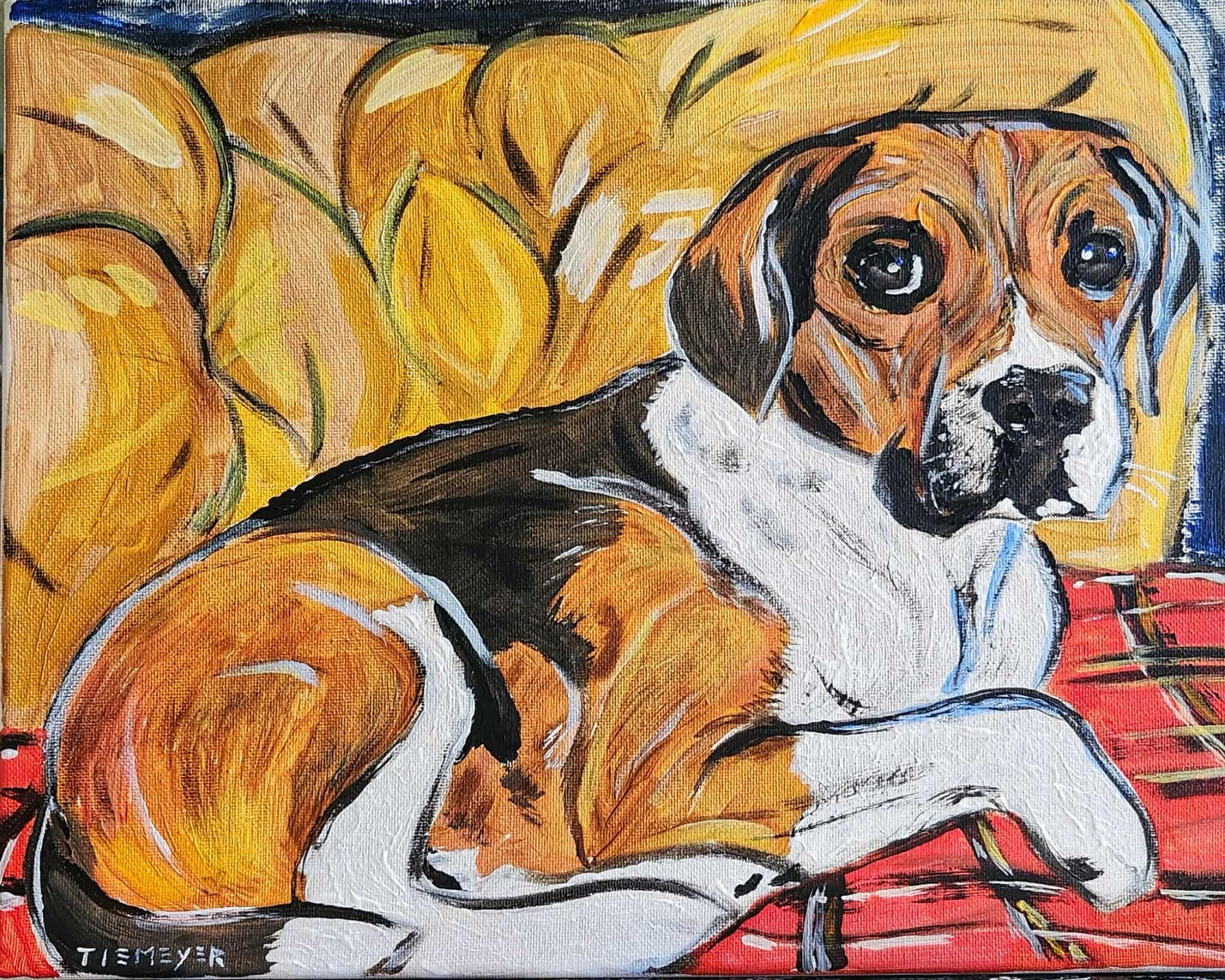 Painting of a beagle dog resting on a yellow leaf-patterned couch with a red plaid blanket.