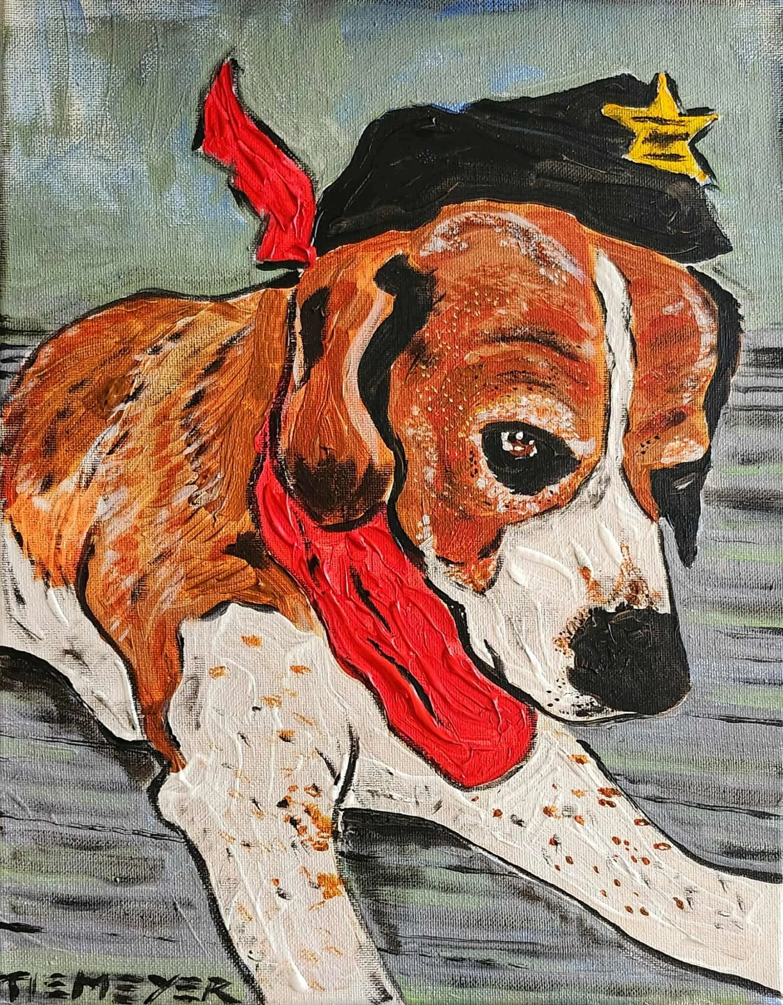 A painting of a dog wearing a police cap with a star, a red scarf, lying on a wooden floor.