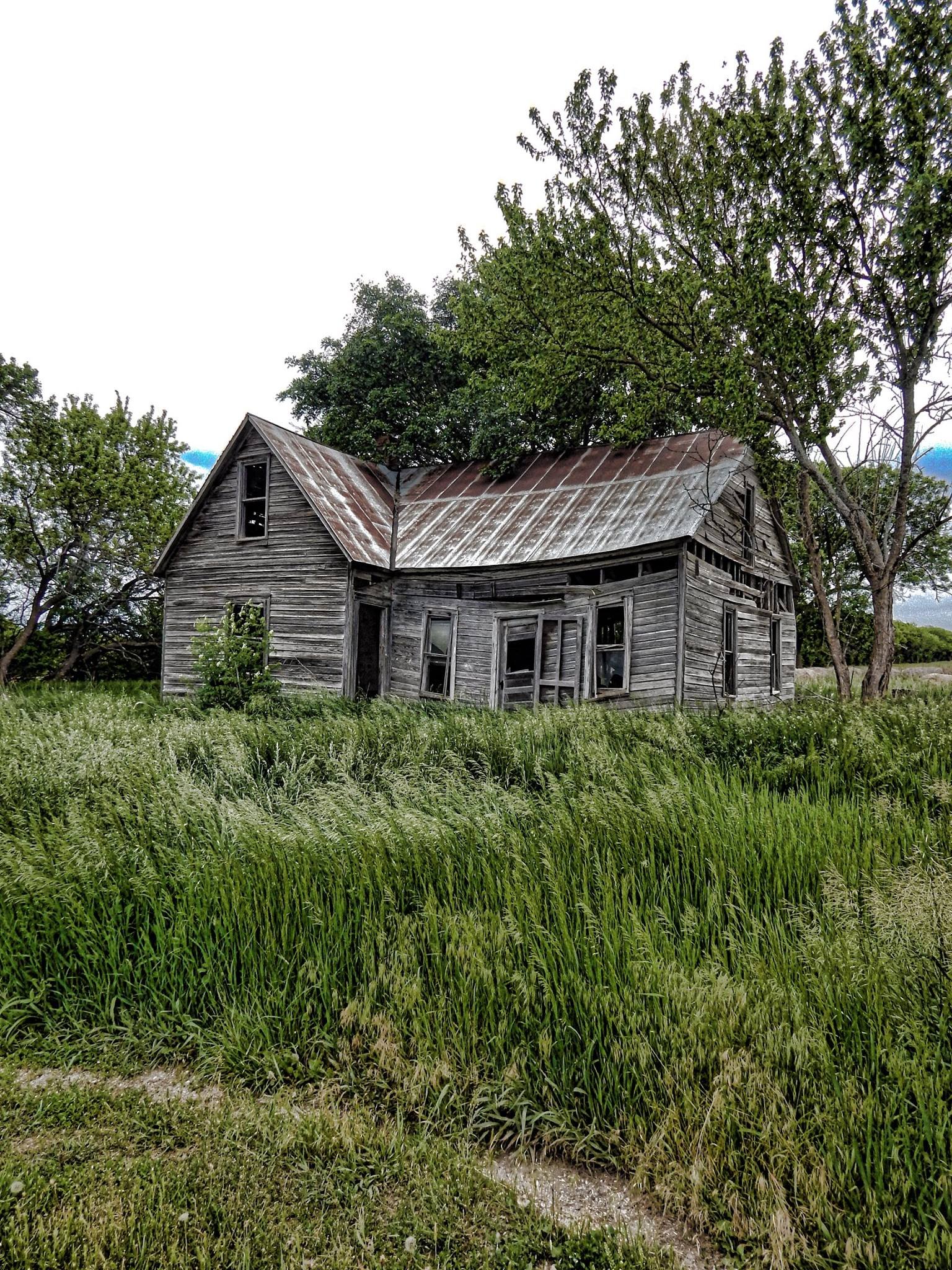 An old, abandoned wooden house with a rusted metal roof, surrounded by tall grass and trees.