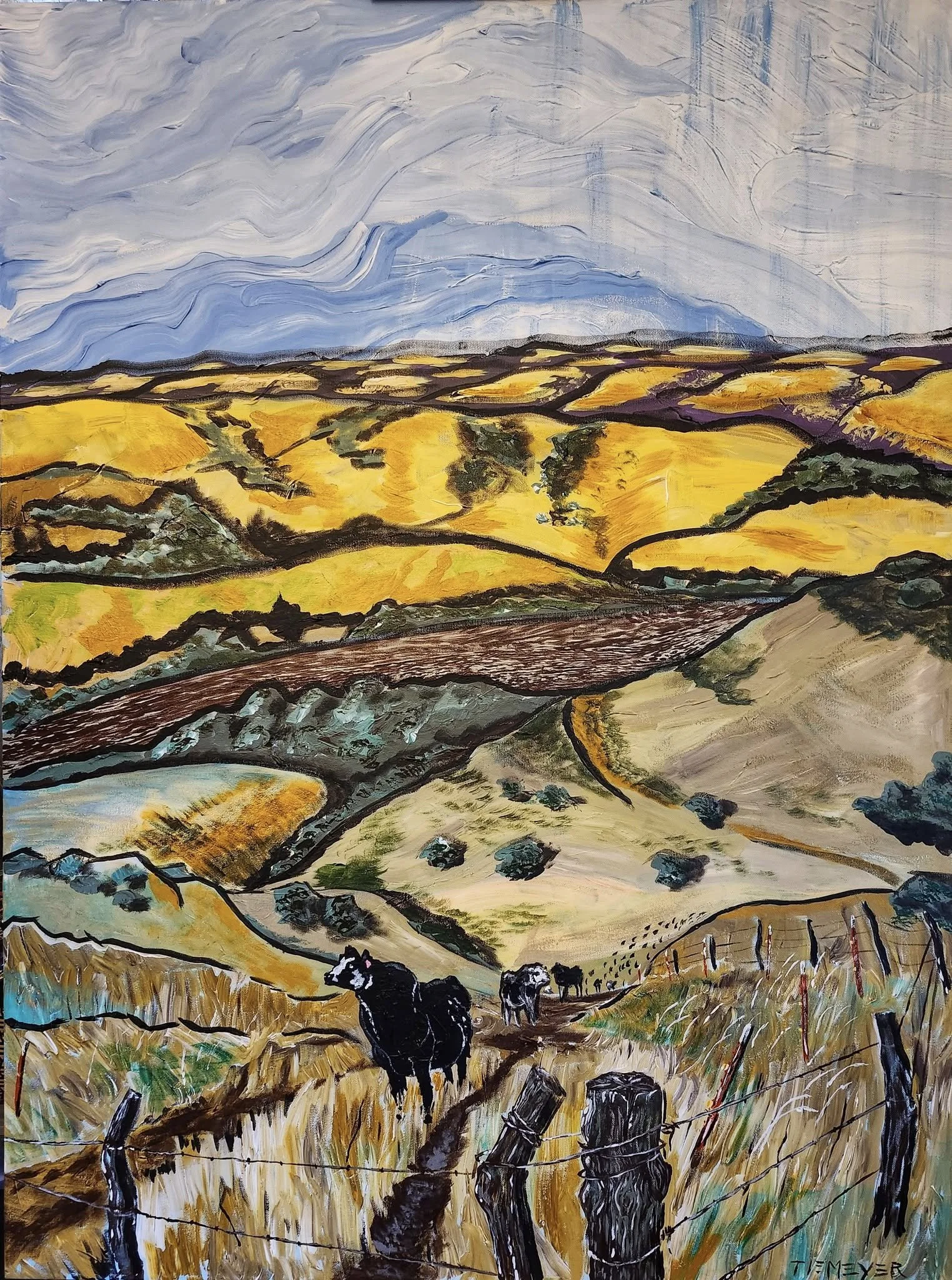 A colorful landscape painting of rolling hills and fields, with a few cows grazing in the foreground and a cloudy sky overhead.
