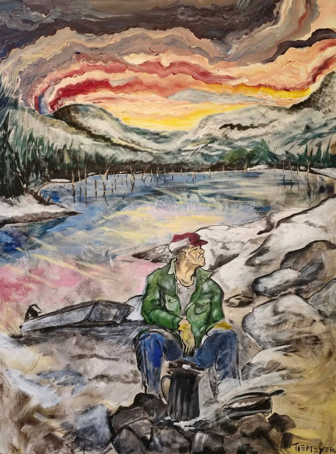 A painting of a man sitting on rocks by a river, wearing a green jacket, jeans, and a red and white Winter cap, with mountains, trees, and a colorful sunset sky in the background.