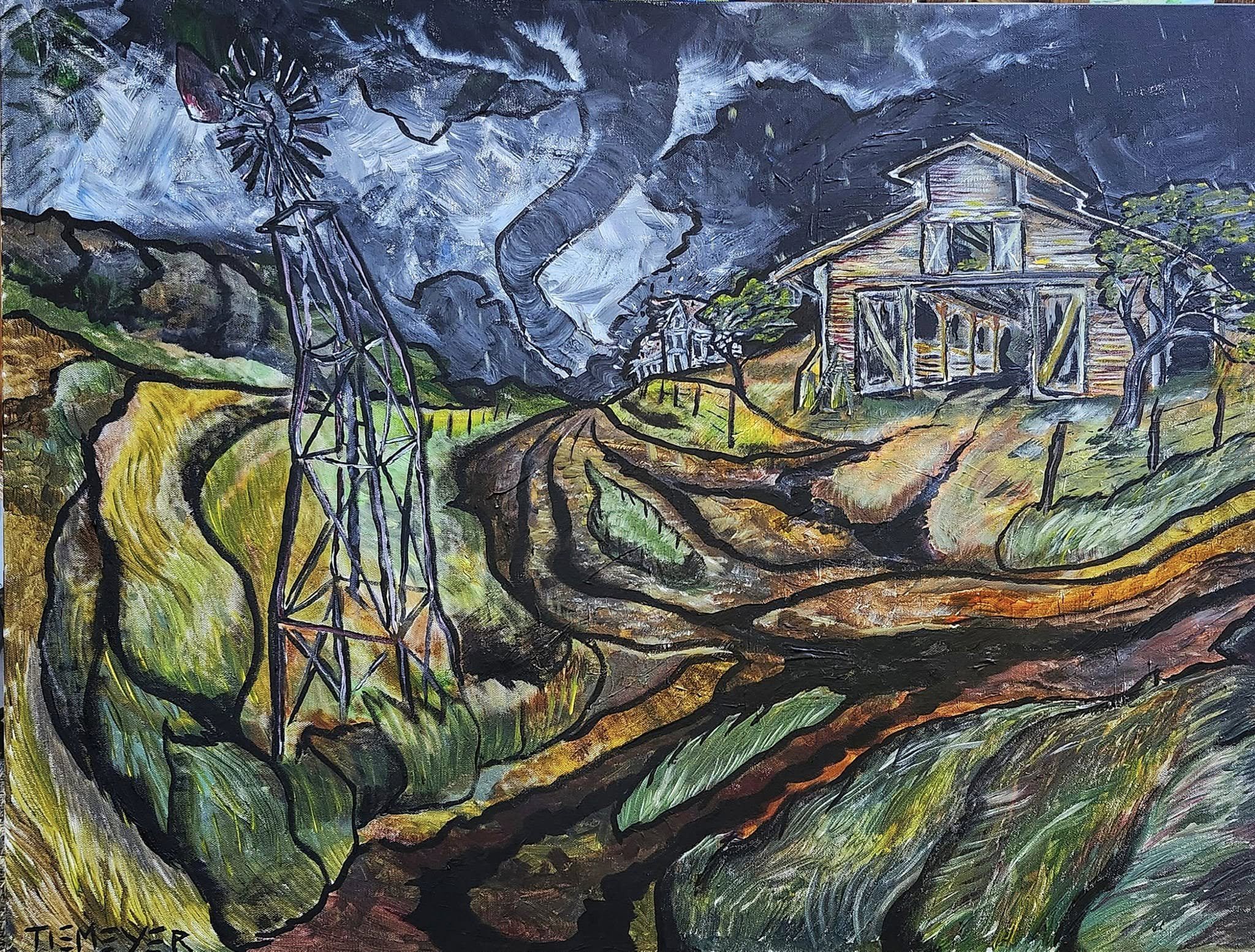 "the promise of spring is sometimes sorrow"

There is a recurrent theme in my dreams of tornadoes and Chinese food. This piece addresses the former. A simultaneously messy and tightly contained landscape of motion and impending destruction. The famil