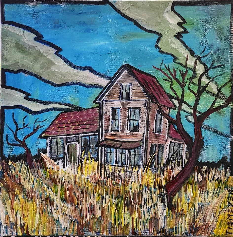 "okay bones" The Sears-Roebuck kit houses weren't meant to last this long, and the ones that still stand don't mourn the dead that didn't, but they are monuments nonetheless. 20"x20" acrylic on canvas.