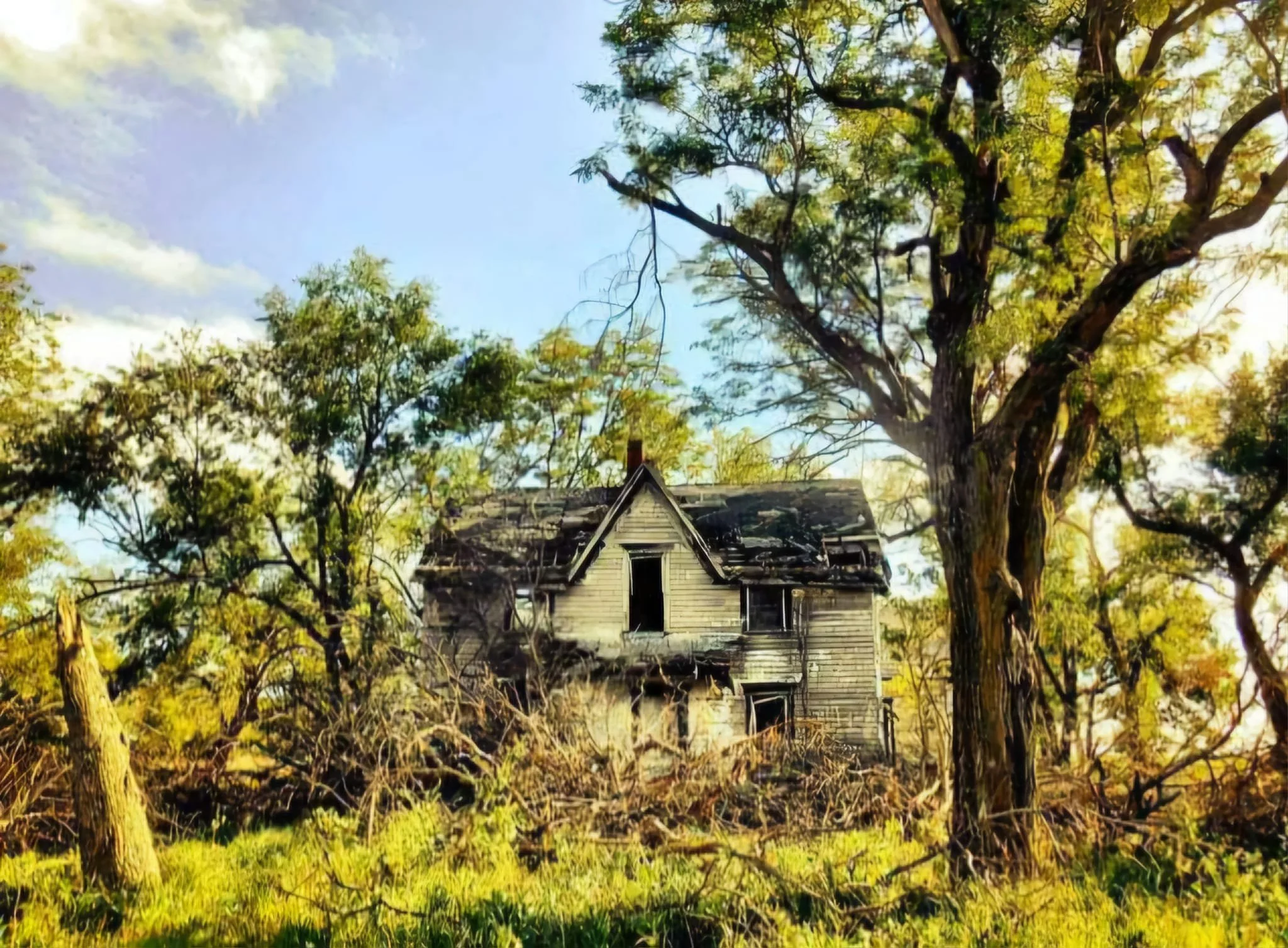 An abandoned, dilapidated house surrounded by overgrown trees and grass, with a partly cloudy sky in the background.