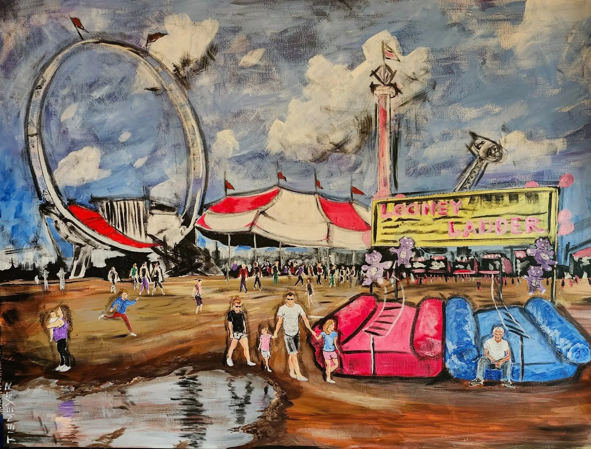 A colorful illustration of a carnival with a large Ferris wheel on the left, a ticket booth labeled "Locney Ladder" on the right, a tent with red and white stripes in the center, and various amusement rides and people walking and playing on the fairground.