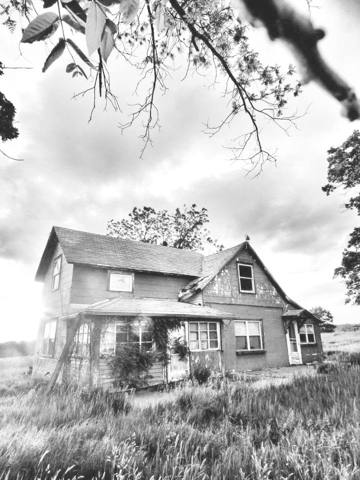 An old, abandoned two-story house with a worn exterior, overgrown grass, and a cloudy sky. There are leafless tree branches at the top of the image.