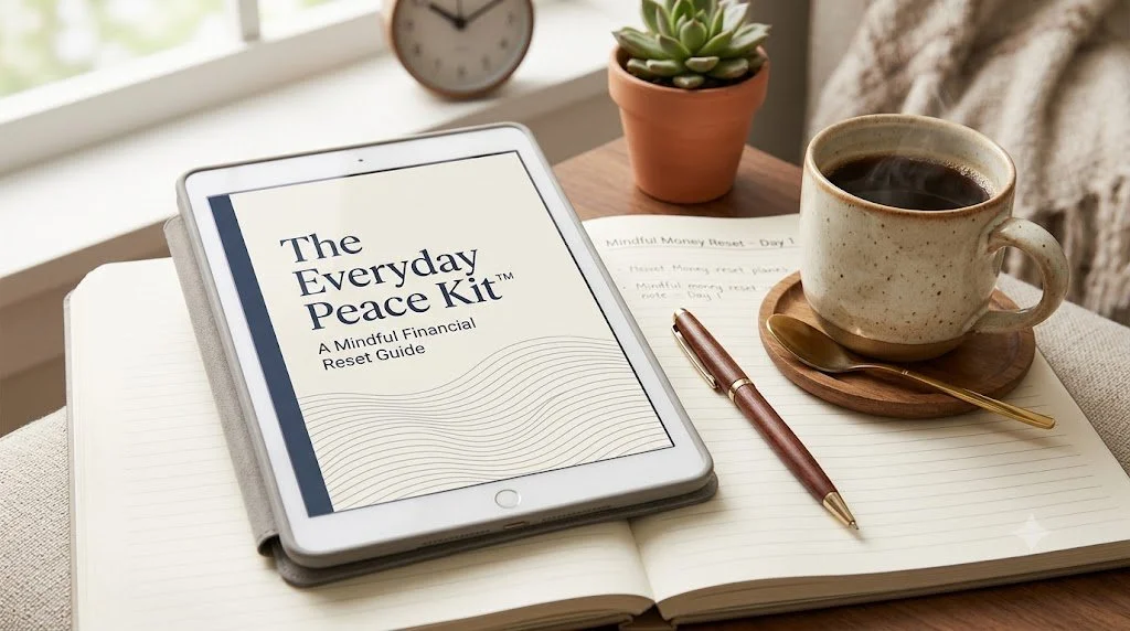 The Everyday Peace Kit digital guide cover displayed on a tablet next to a warm coffee mug on an open notebook page by The Honey Chestnut.