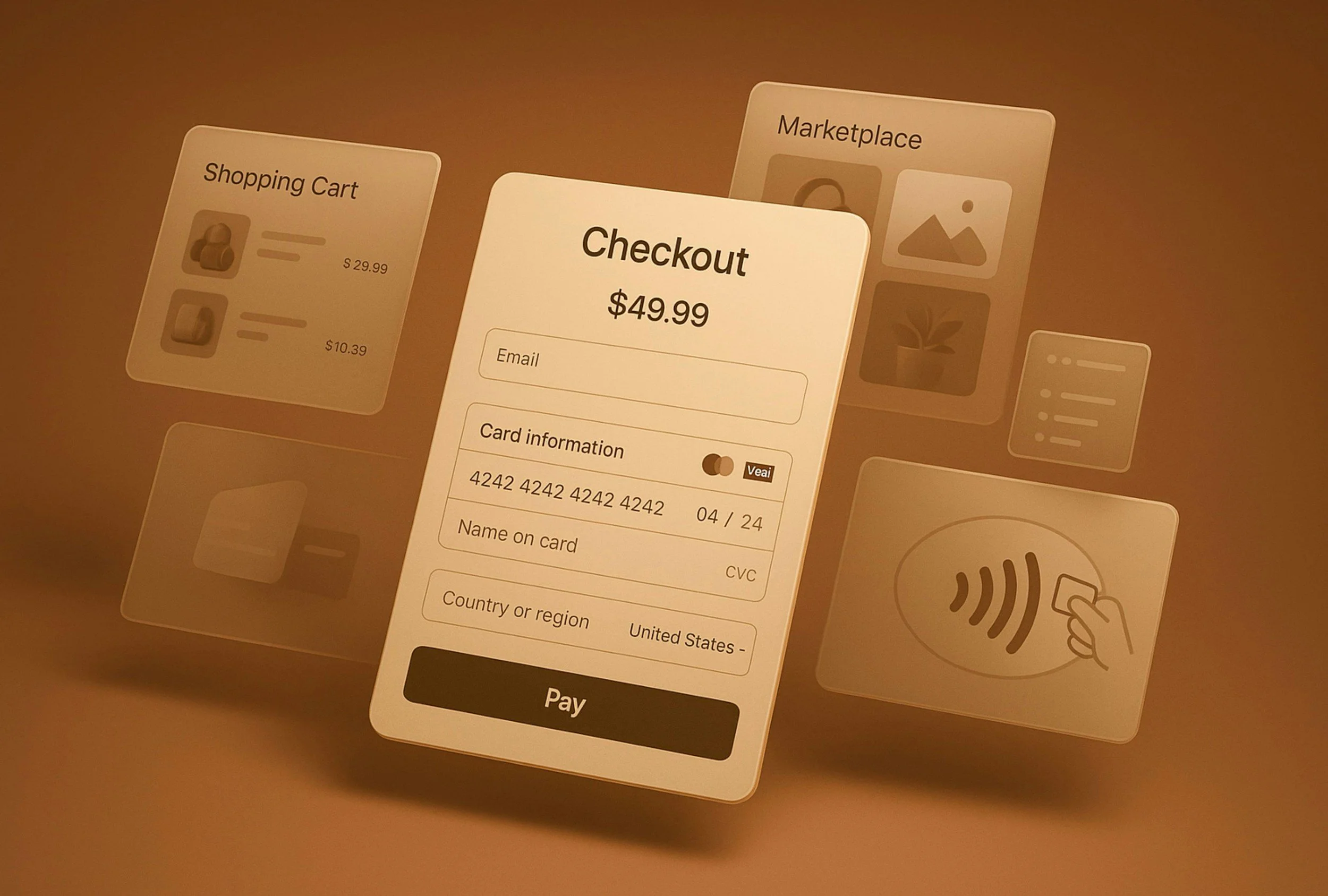 Digital illustration of an online checkout screen displaying a total of $49.99, with fields for email, card information, cardholder's name, and country, along with icons for shopping cart, marketplace, contactless payment, and digital security.