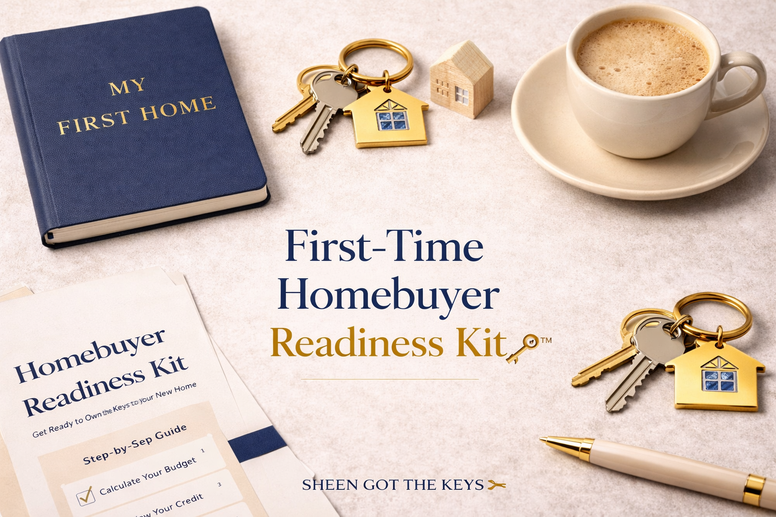 First-time homebuyer readiness kit including a blue notebook labeled "My First Home", house keys with a gold keychain shaped like a house, a small wooden house model, a cup of coffee on a saucer, a pen, and a printed guide titled "Homebuyer Readiness Kit" on a light-colored surface.