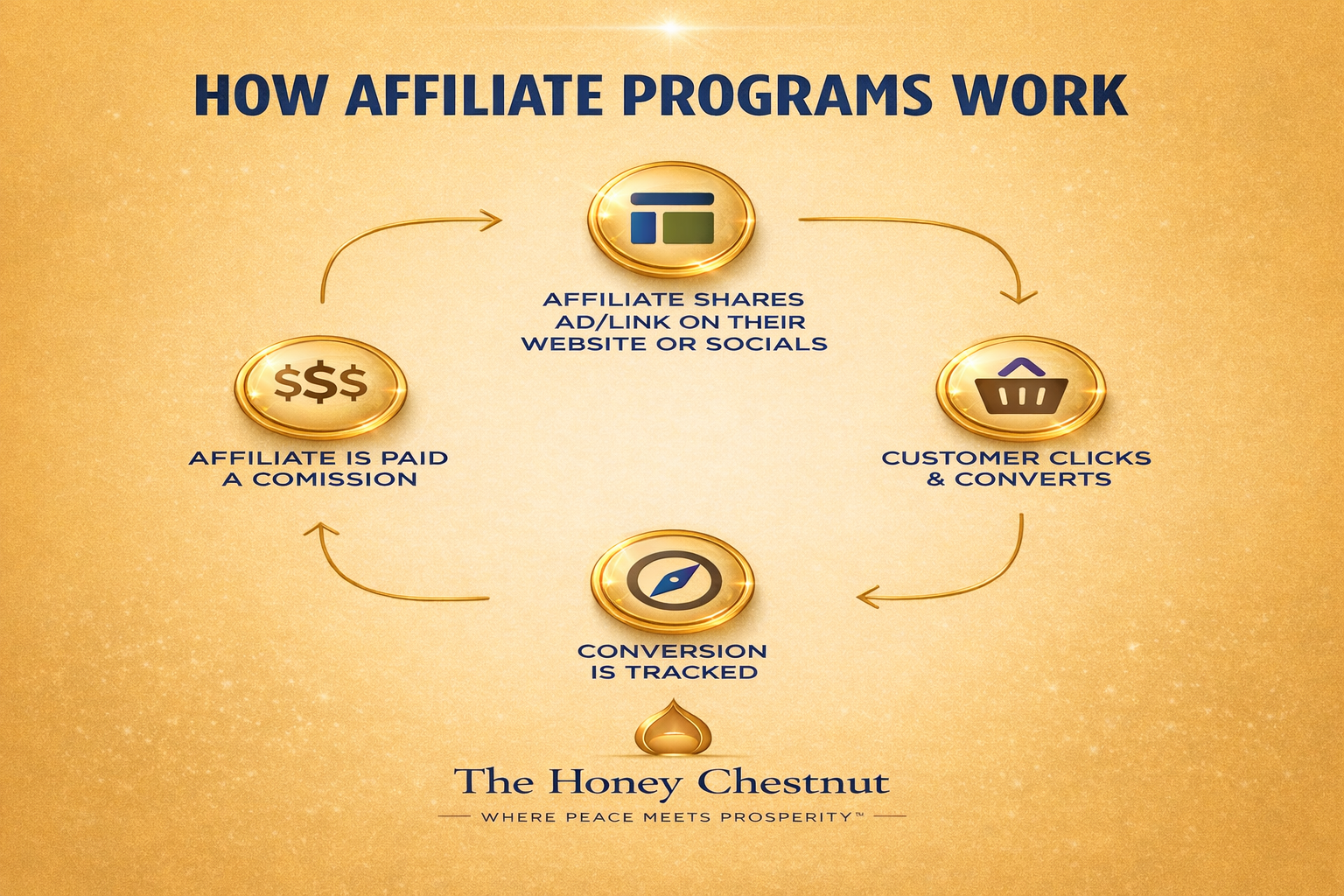 Flowchart illustrating how affiliate programs work, showing steps: affiliate shares ad/link, customer clicks and converts, conversion is tracked, and affiliate is paid a commission. The chart is branded 'The Honey Chestnut' with the tagline 'Where peace meets prosperity.'