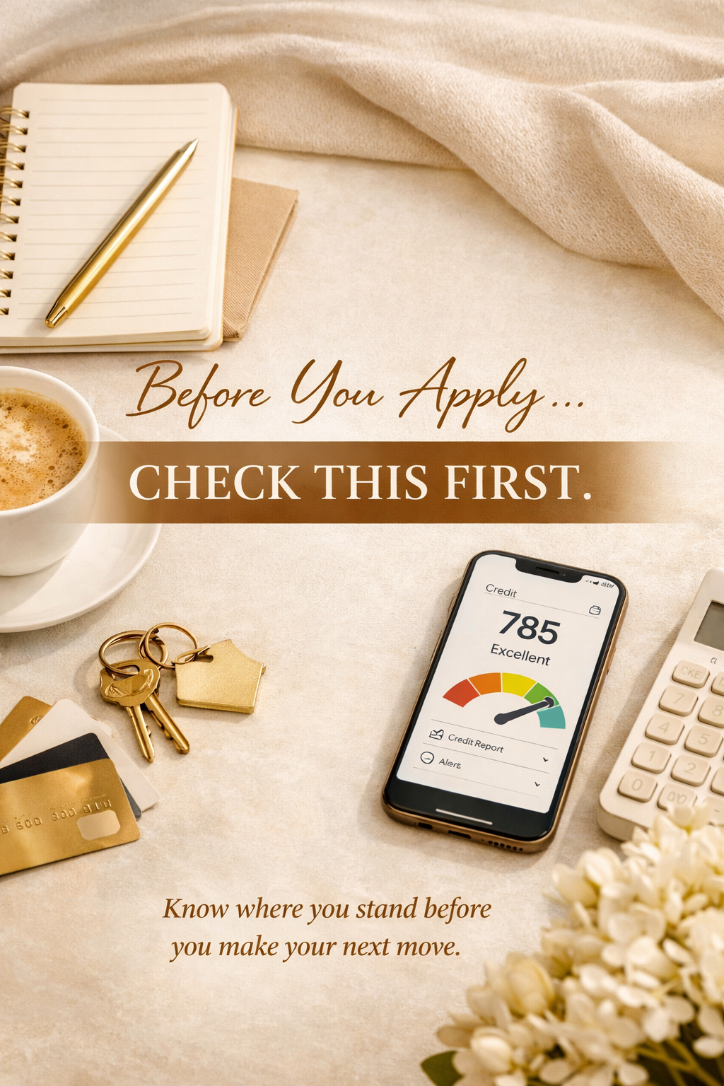 A motivational financial advice poster with a cup of coffee, a notebook with a gold pen, keys, credit cards, a smartphone displaying excellent credit score, a calculator, and some flowers on a beige surface.