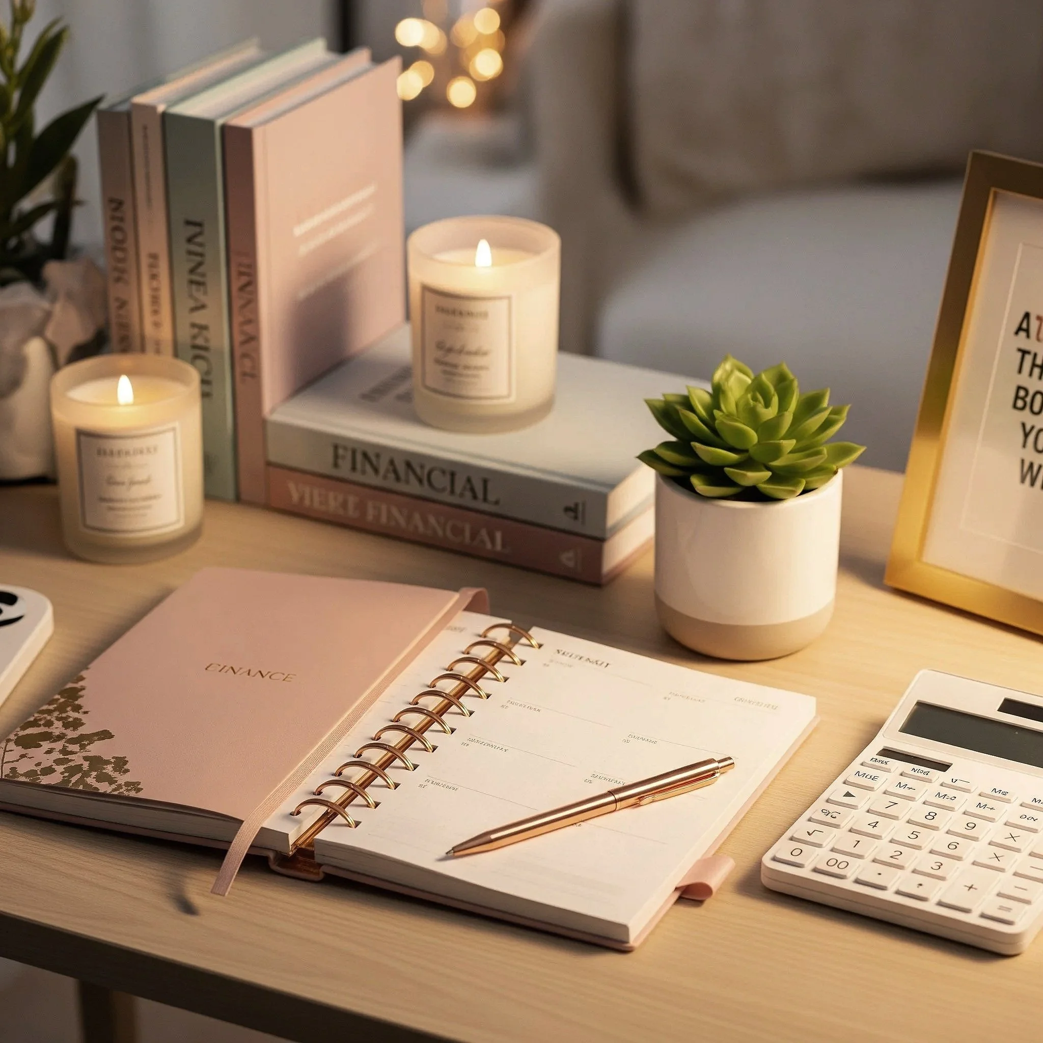A workspace with a pink finance planner, a white notepad, a rose gold pen, a calculator, potted succulent, books about finance, and lit candles.
