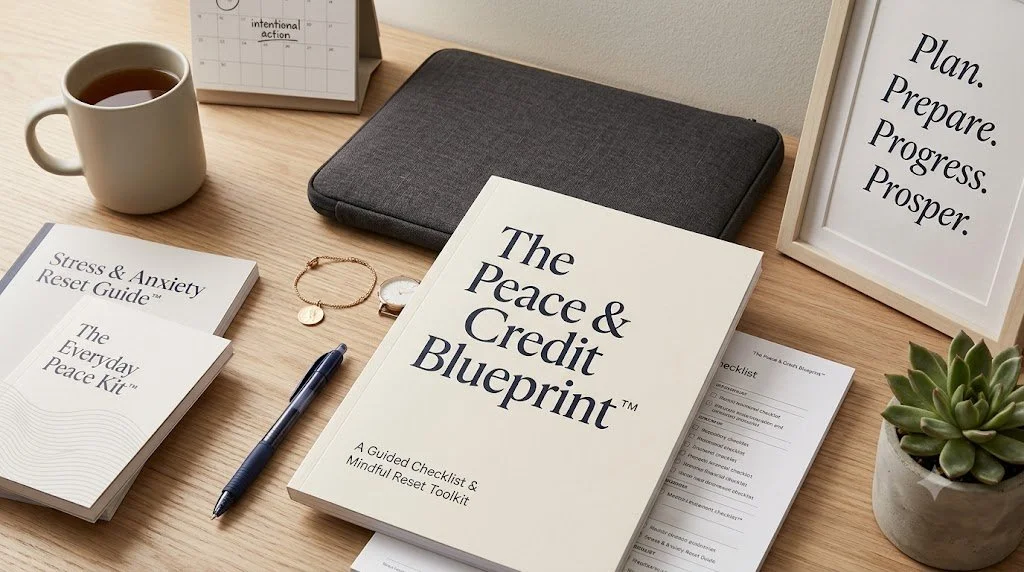 A desk with a cup of tea, a smartphone, a black laptop case, a framed quote, a peace and credit blueprint book, a Stress & Anxiety Reset Guide, an Everyday Peace Kit, a checklist, a pen, a bracelet, and a potted succulent plant.