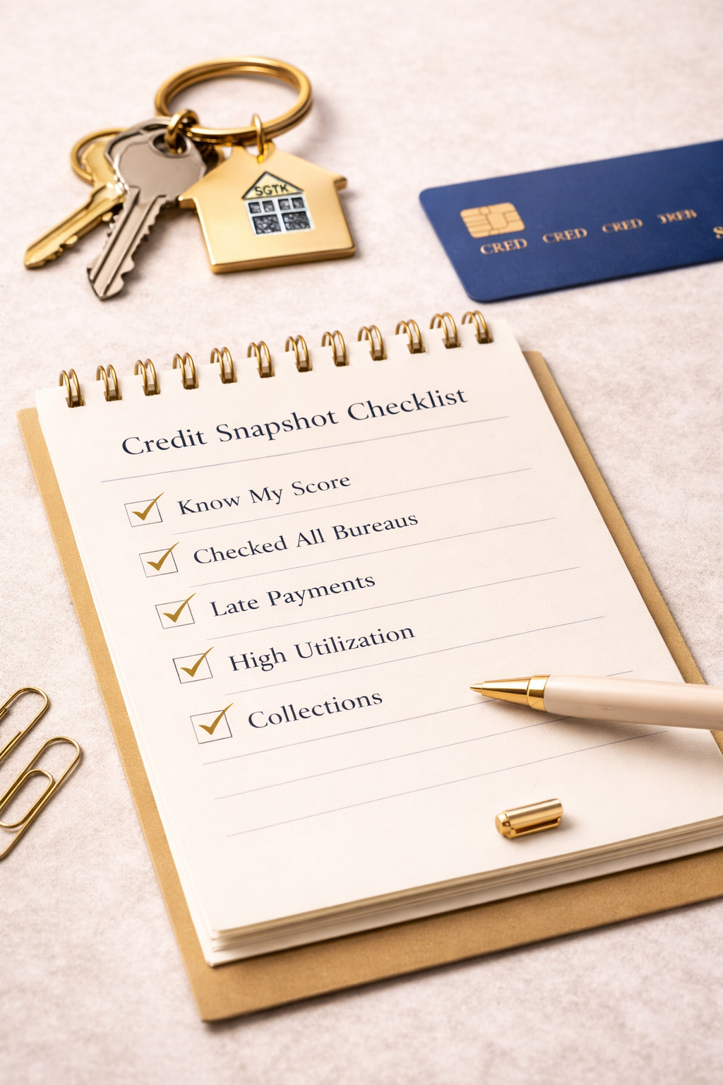 Credit snapshot checklist on notepad with gold paper clips, keys with house-shaped keychain, blue credit card, and gold pen on a light background.
