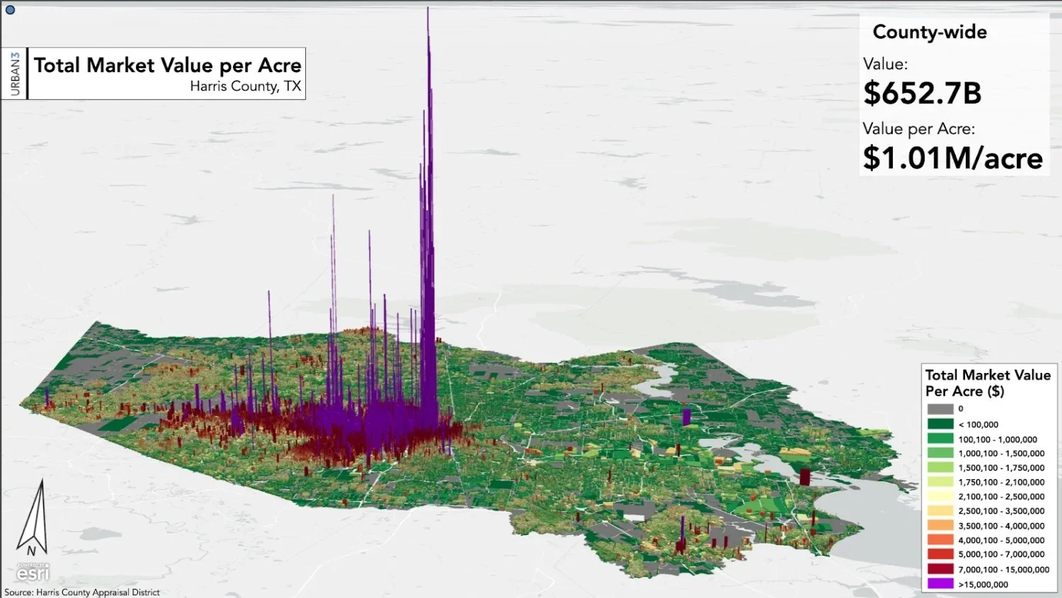Land Value Per Acre Map for Harris County, Per Urban 3