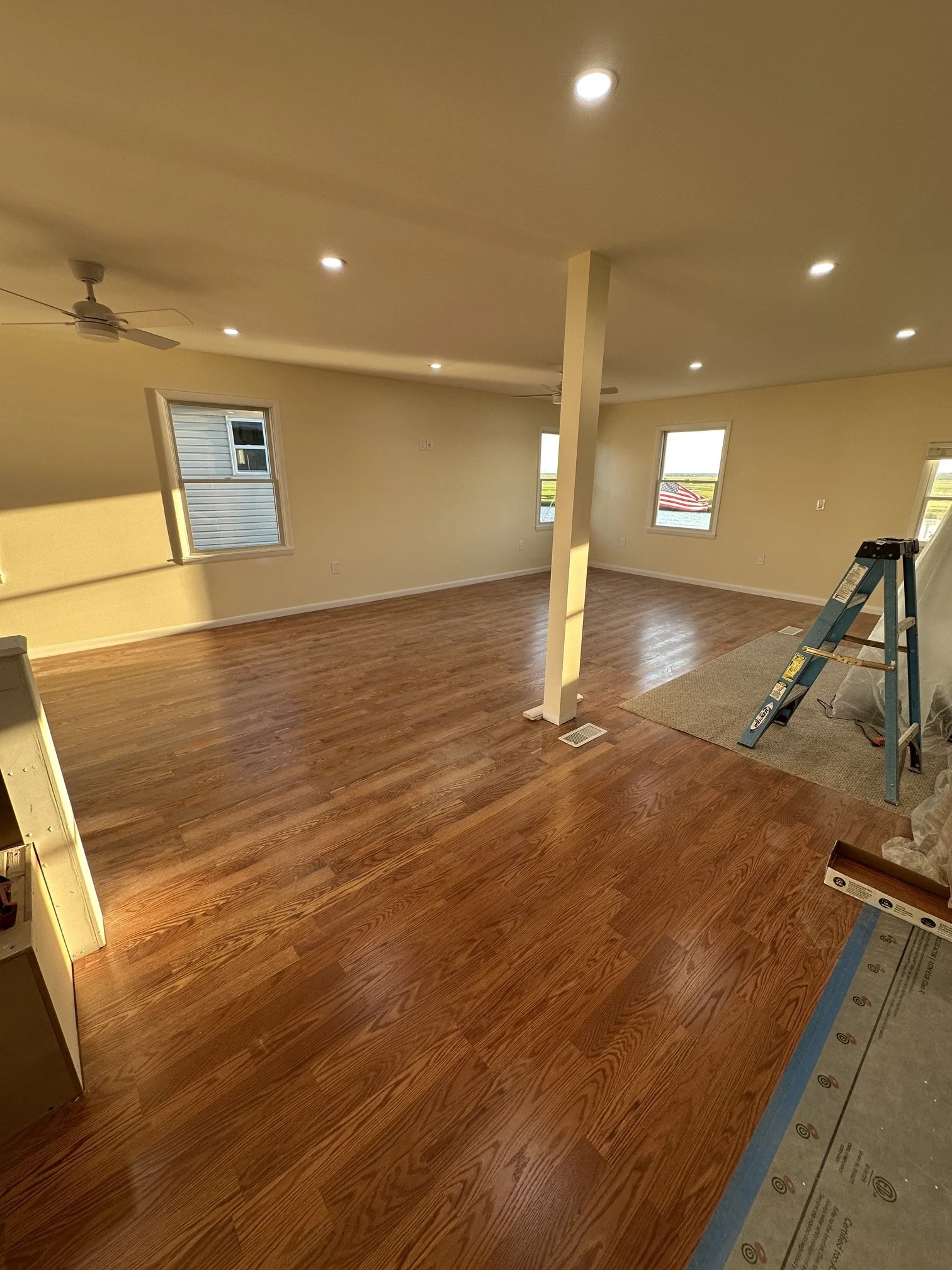Living room with hardwood floors, four ceiling lights, two windows, a ceiling fan, and a ladder.