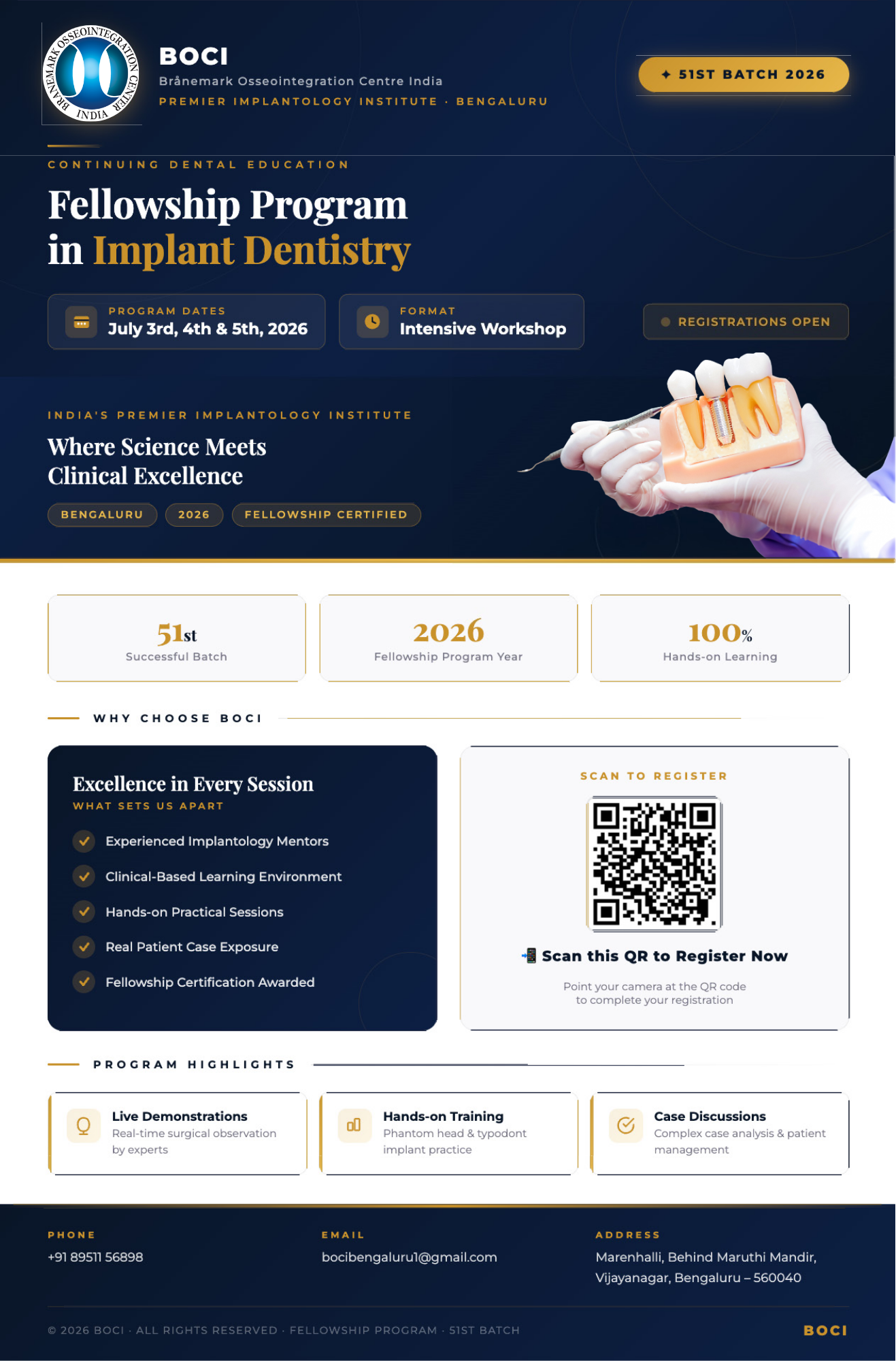 A promotional webpage for BOCI (Branemark Osseointegration Centre India) displaying details about a Fellowship Program in Implant Dentistry, including dates, format, registration info, and highlights of the program, with a dental implant model and QR code for registration.