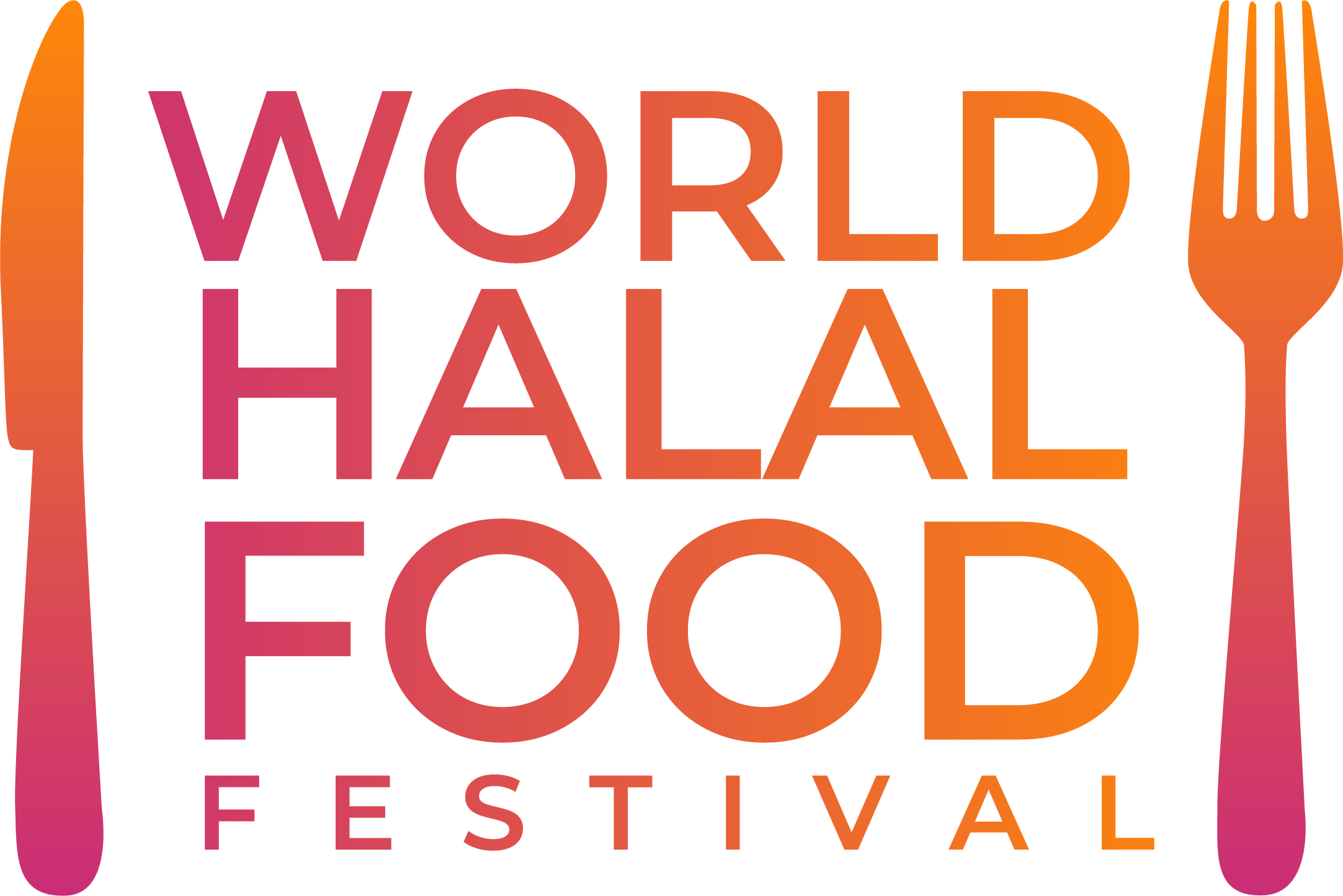 Logo for the World Halal Food Festival featuring stylized orange and pink utensils on either side of the event name.