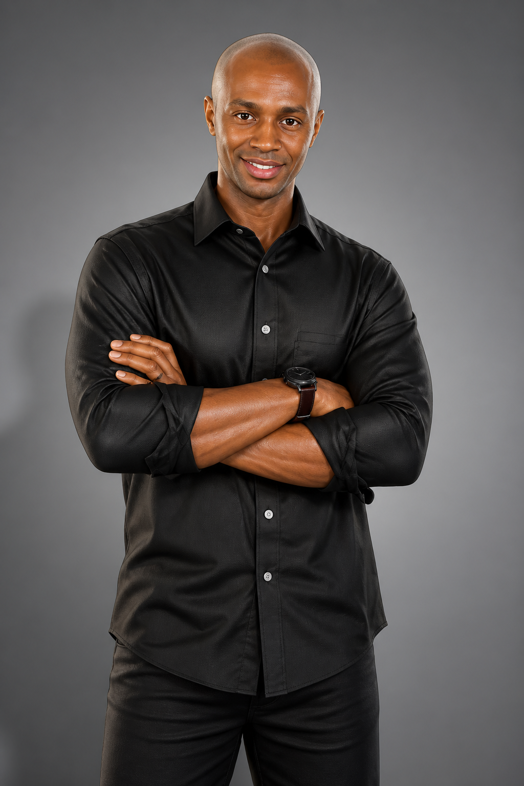 A bald headed man with a black button down dress shirt on. Atlanta fitness coach