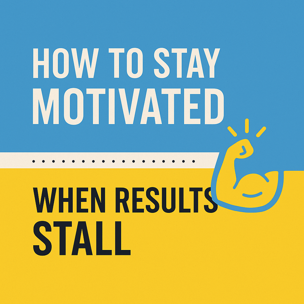 A blue, white and yellow photo with a arm flexing with words on the bottom.