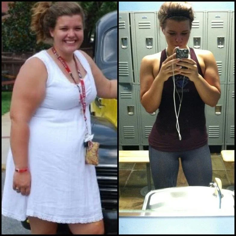 Side-by-side comparison of a woman before and after weight loss. On the left, she is smiling, wearing a white sleeveless dress, with short, curly hair, and outdoors near a vehicle. On the right, she is in a gym locker room, taking a mirror selfie, wearing workout clothes, with her hair tied back.
