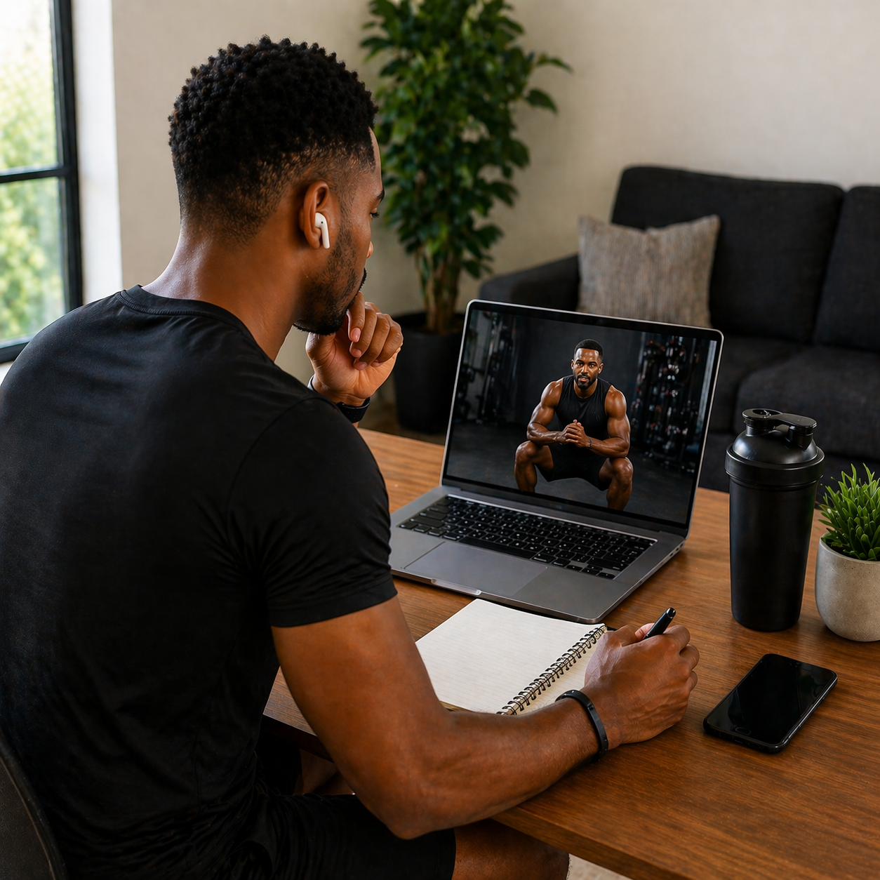 A man working on the computer with a notepad.