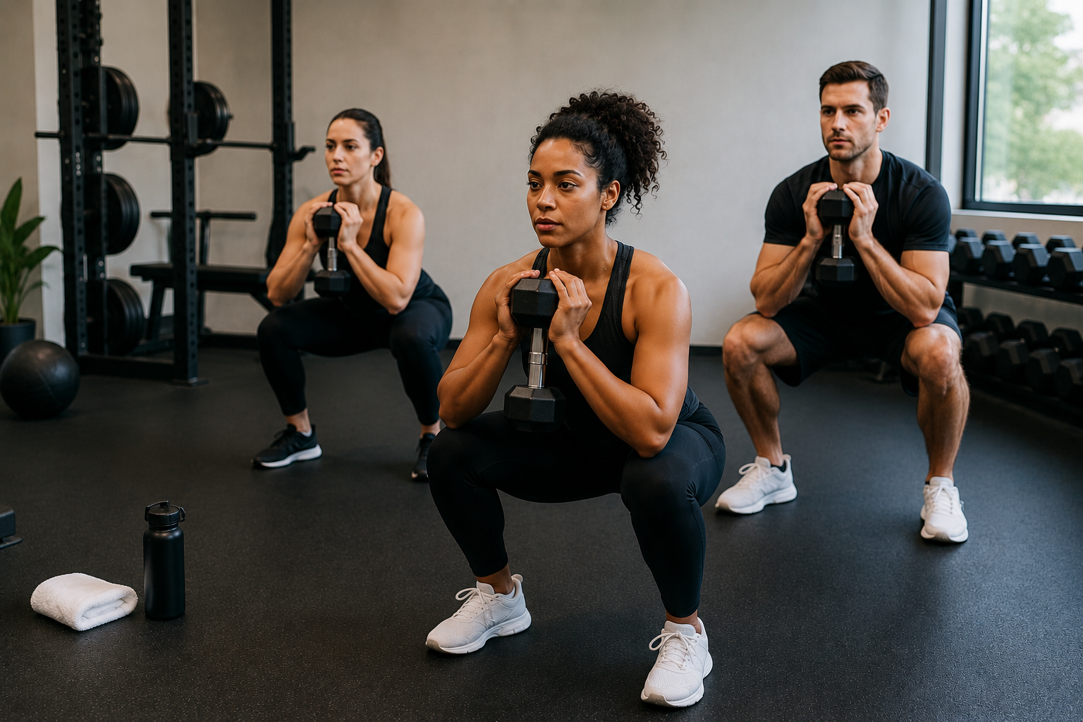 a small group training class of 3 people doing squats in all black .