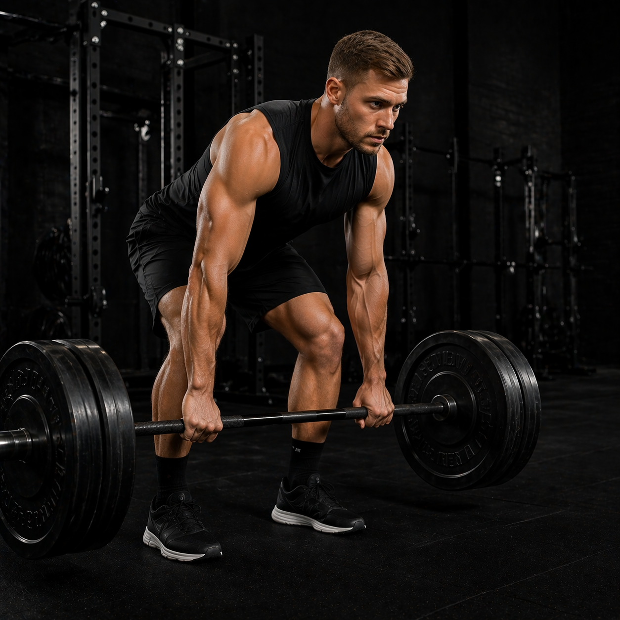 A male lifting the barbell off the floor in the gym.  