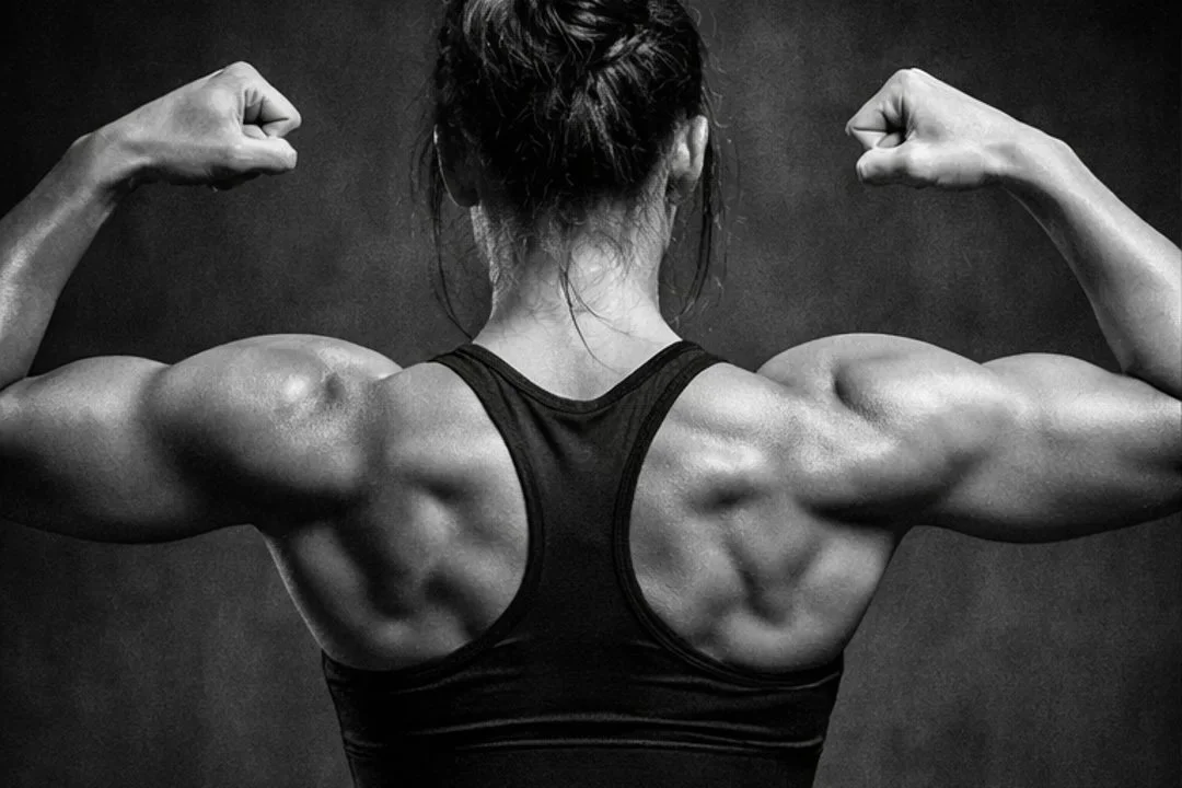 A woman flexing her arms and back black and white photo.