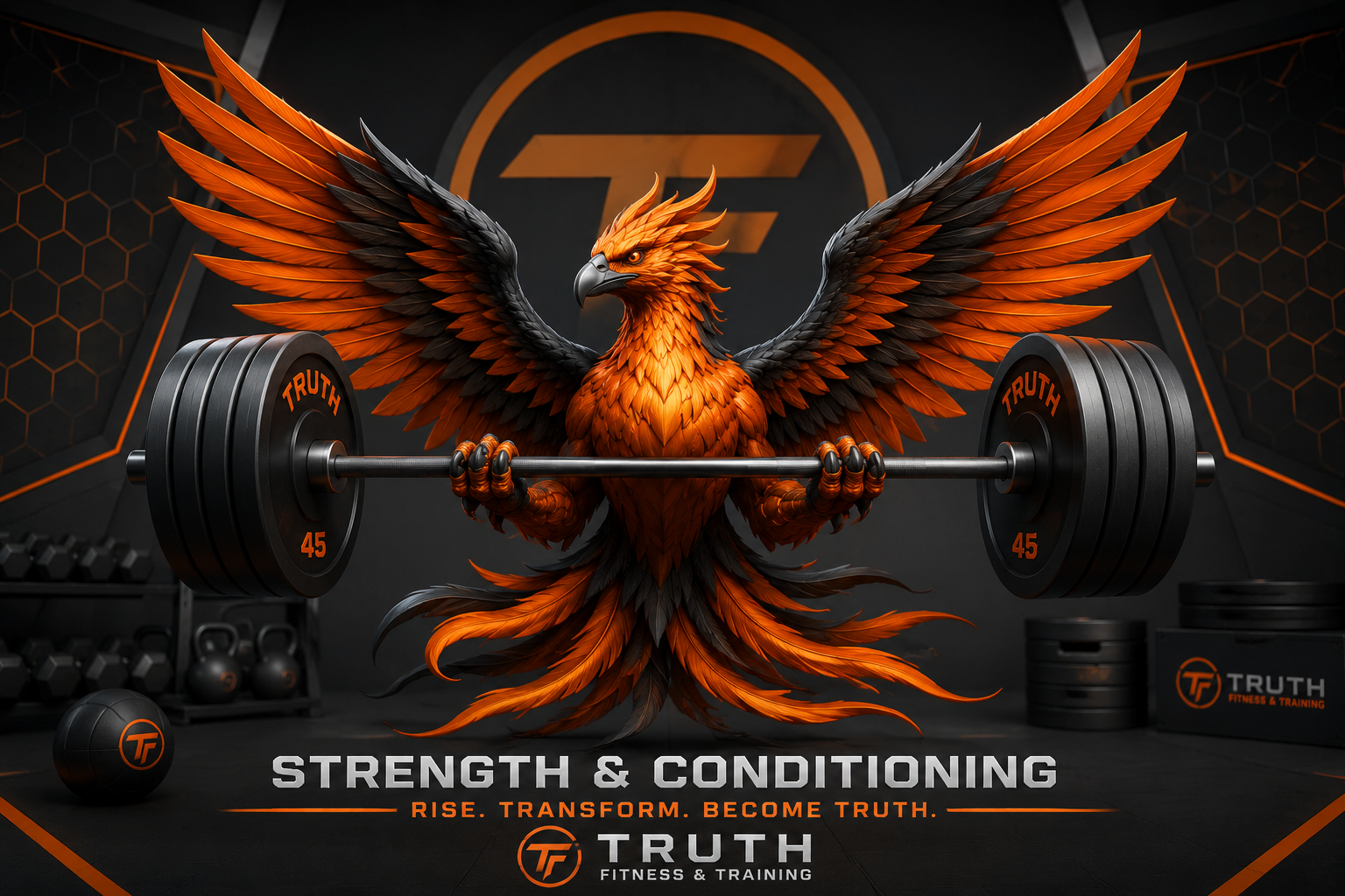 A Phoenix bird holding a barbell floating in the gym. Strength training  Atlanta, GA.