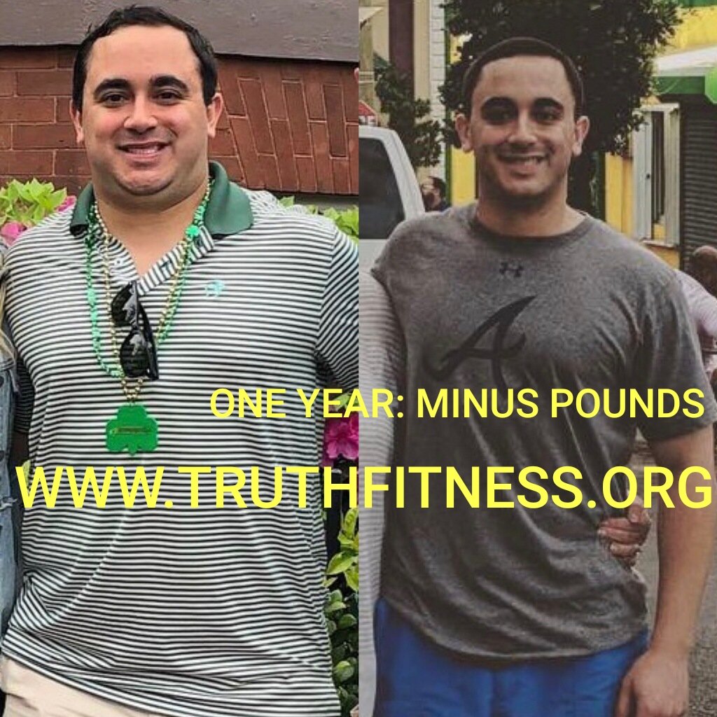 Side-by-side photos of a man before and after losing weight over one year, with yellow overlay text reading 'ONE YEAR: MINUS POUNDS WWW.TRUTHFITNESS.ORG'.