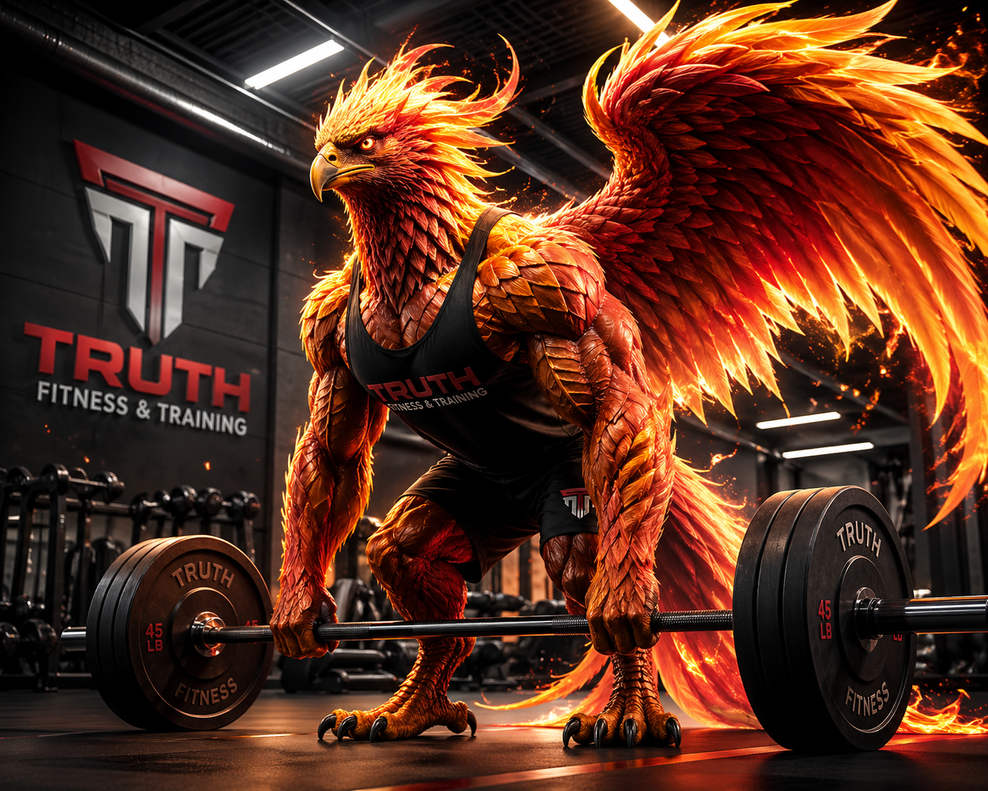 a big phenix bird about to lift a barbell in the gym. Personal trainer Sandy Springs GA.